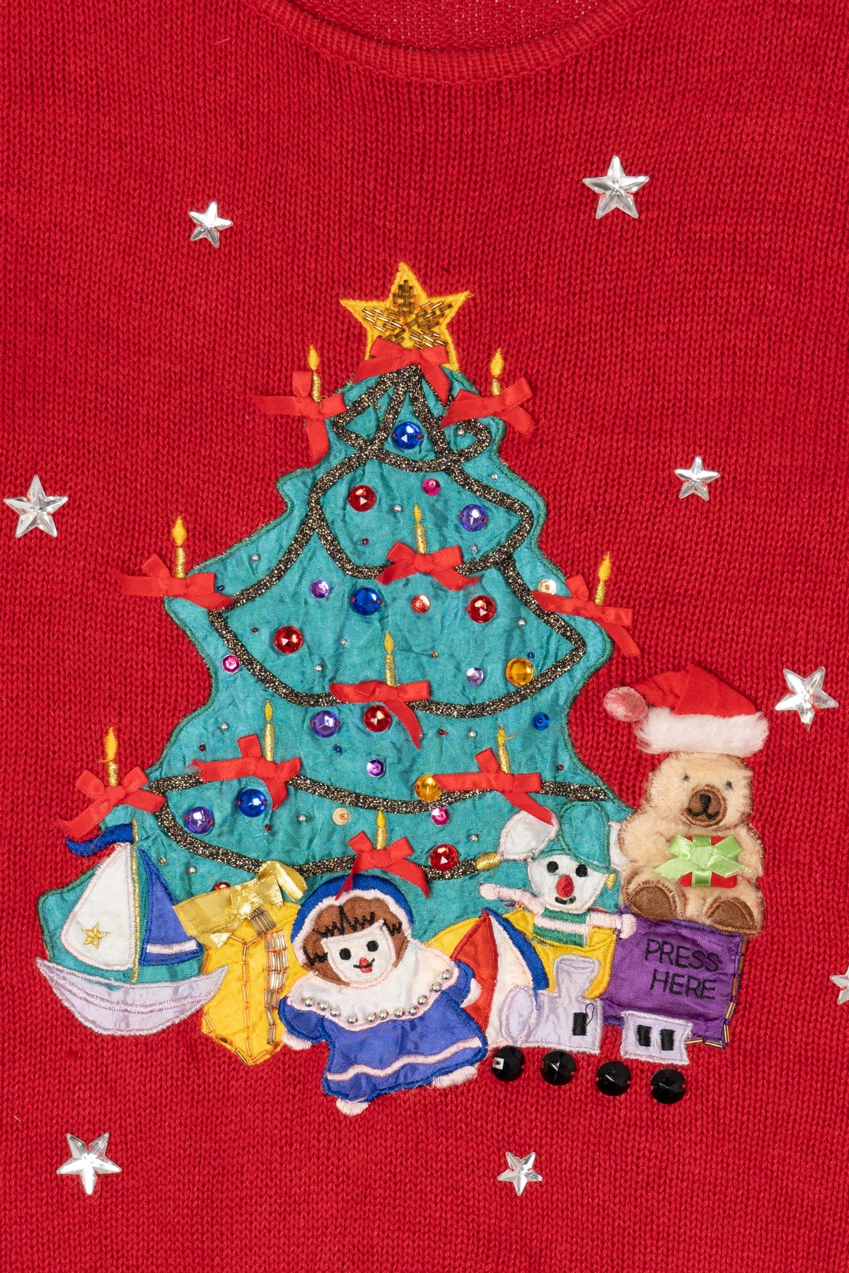 Vintage Red Work in Progress Toys Under Tree Ugly Christmas Pullover (2000s)