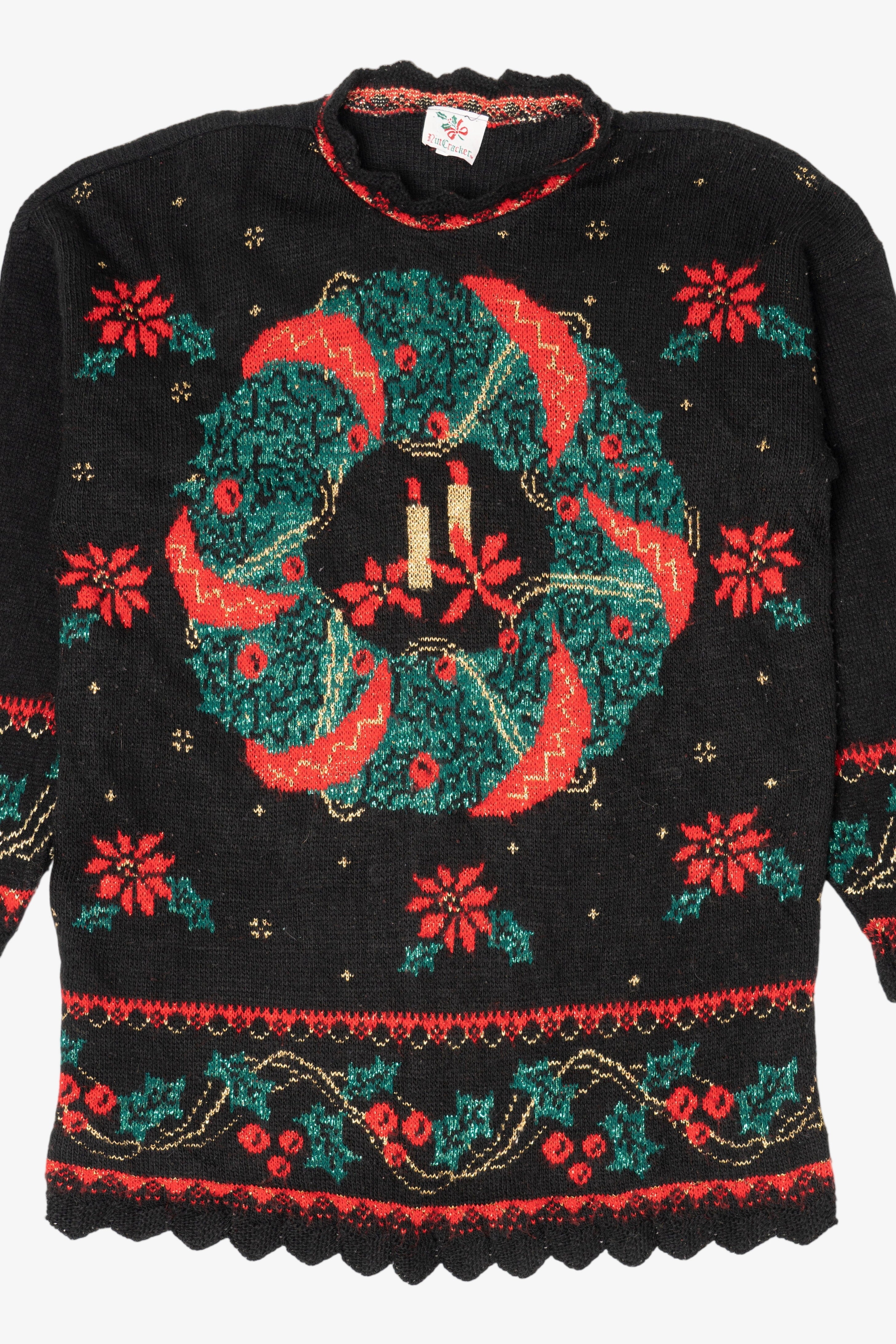 Vintage Black Nutcracker Wreaths Ugly Christmas Pullover (1980s)