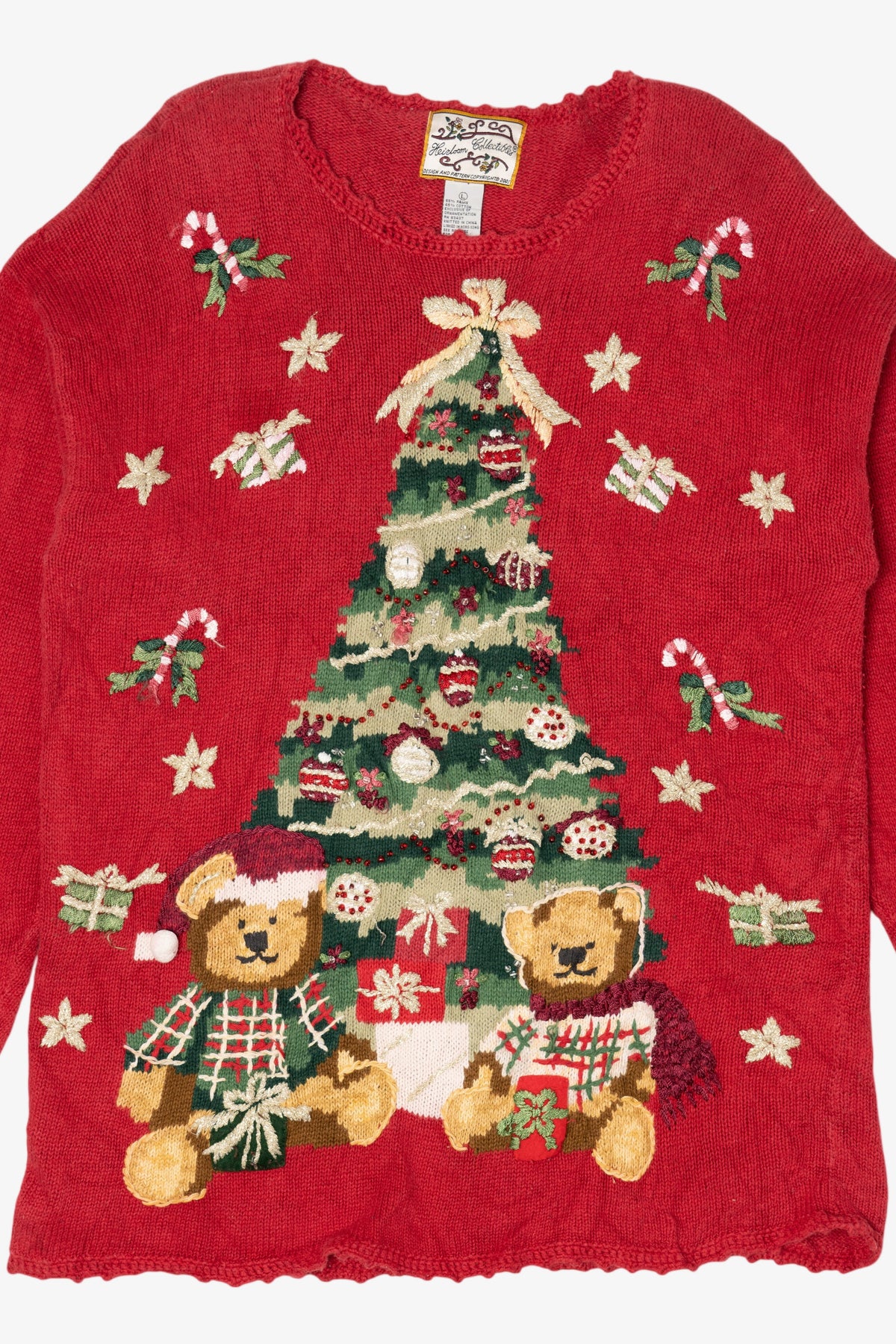 Vintage Red Heirloom Collectible Tree And Teddy Bears Ugly Christmas Pullover (2000s)