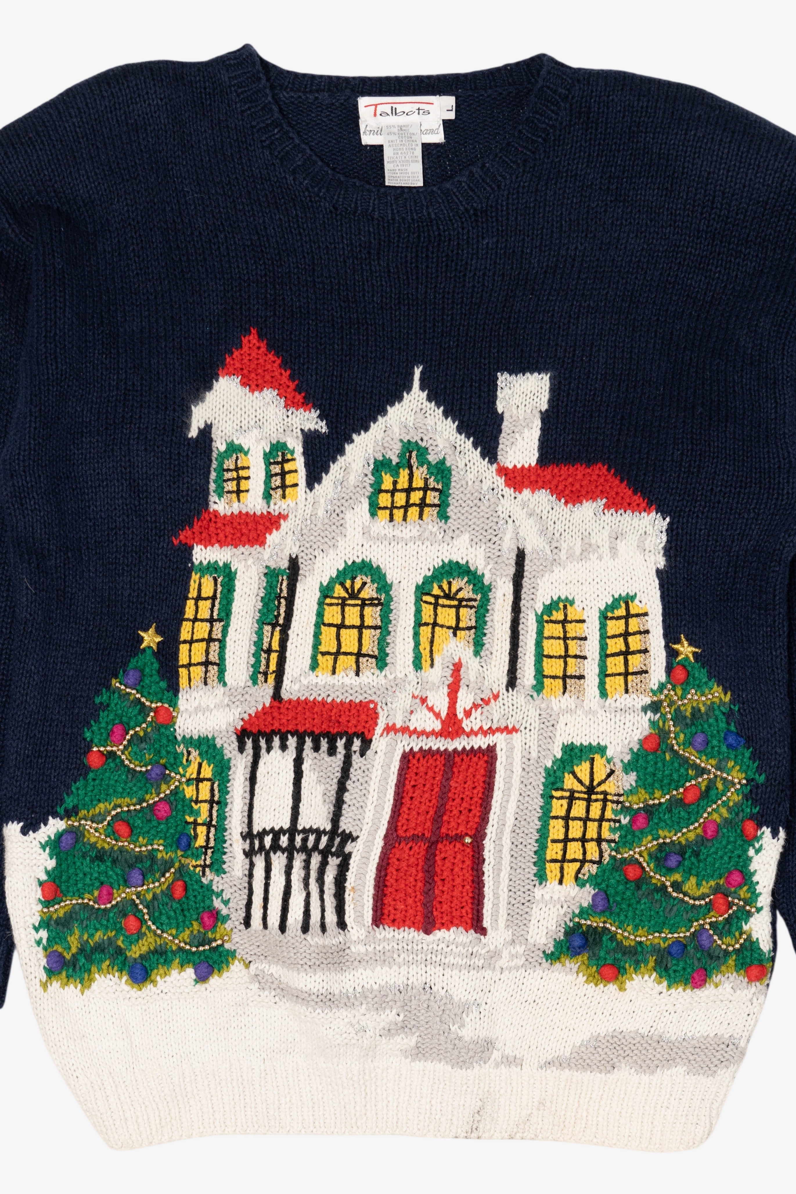 Vintage Hand Knit Navy Blue Talbots Winter House Ugly Christmas Pullover (1990s)