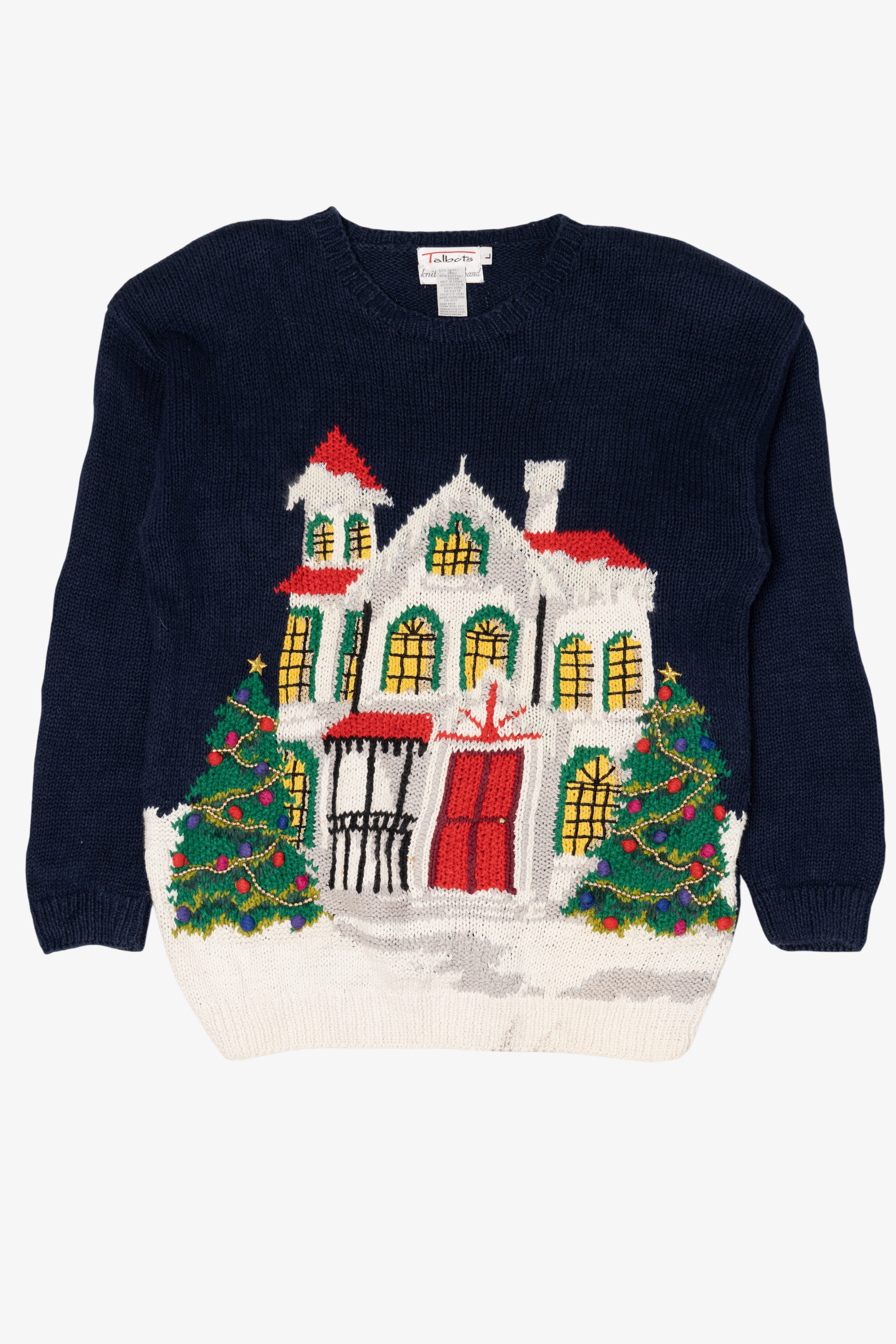 Vintage Hand Knit Navy Blue Talbots Winter House Ugly Christmas Pullover (1990s)