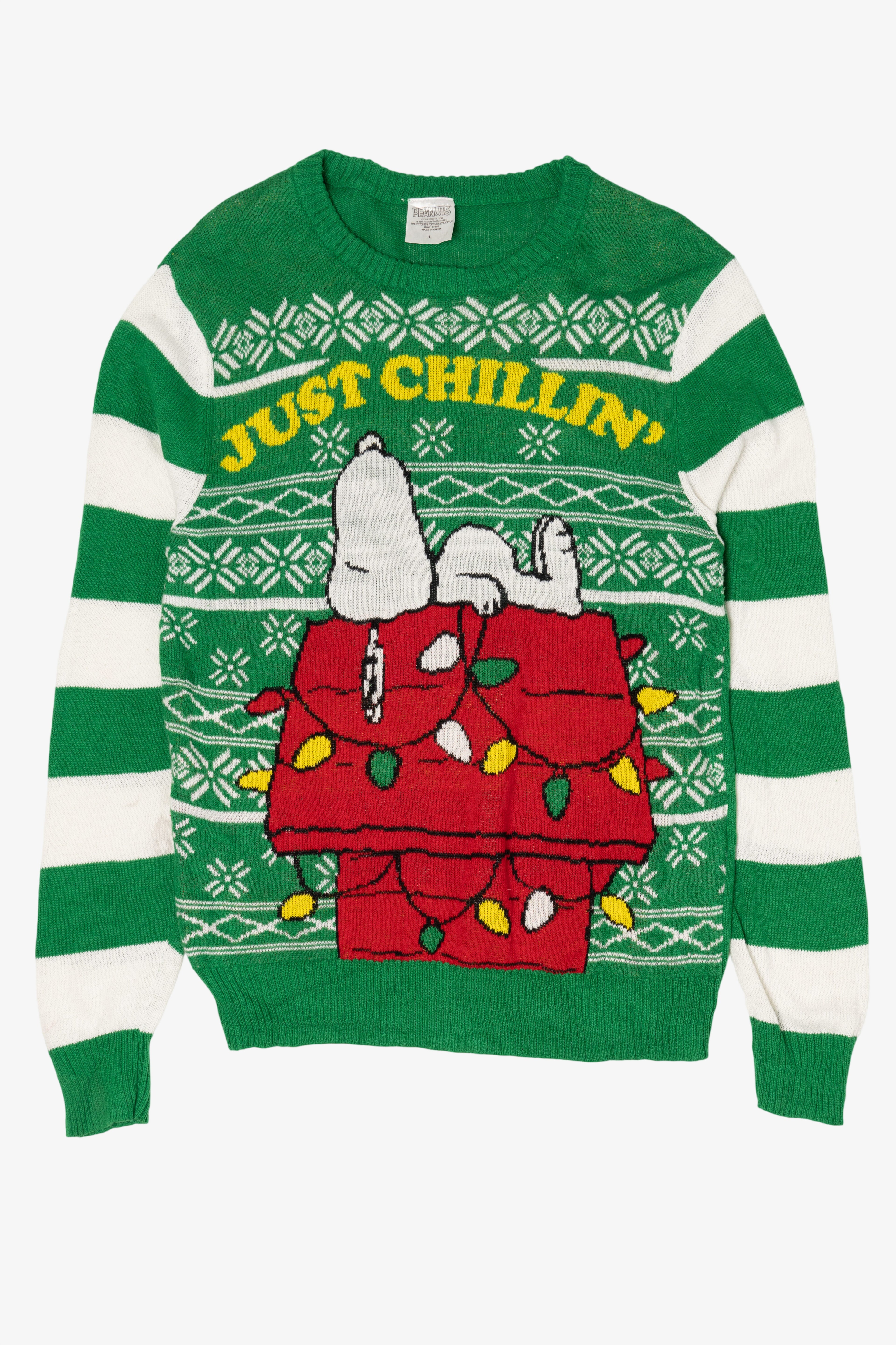 Striped Green Peanuts Snoopy "Just Chillin'" Ugly Christmas Pullover (2010s)