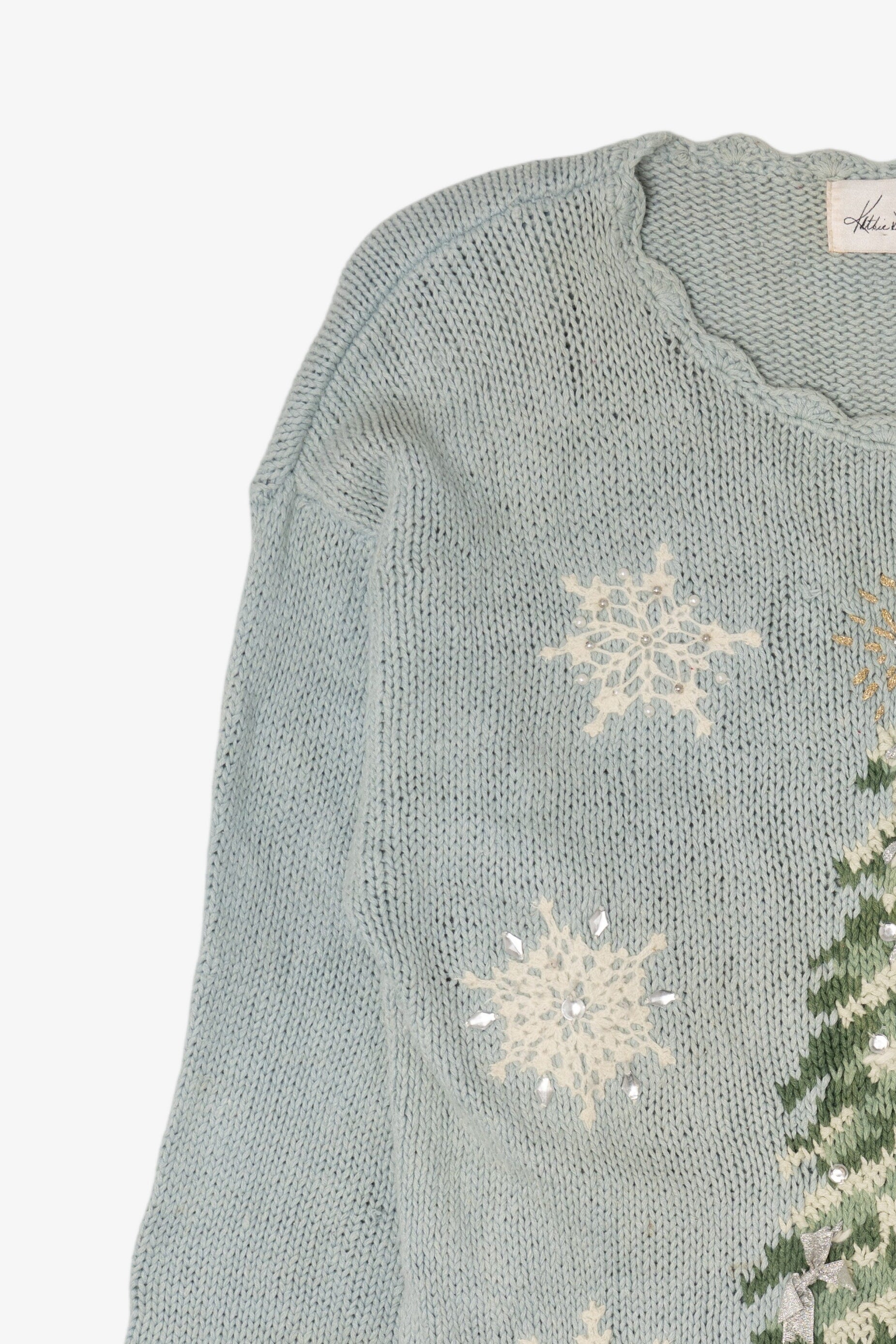 Vintage Light Blue Kathie Lee Tree Ugly Christmas Pullover (1990s)
