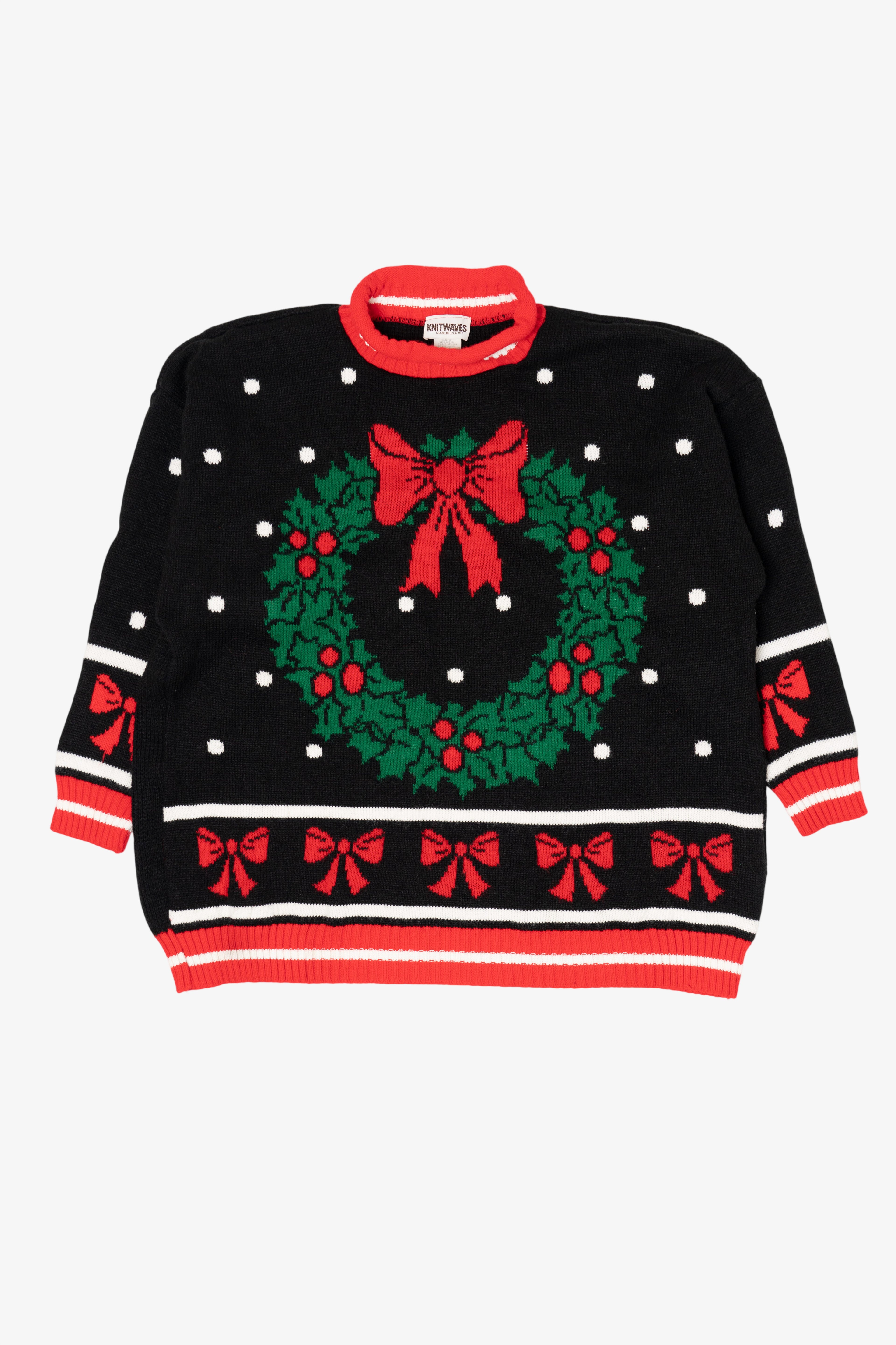 Vintage Black Knitwaves Wreaths Ugly Christmas Pullover (1980s)