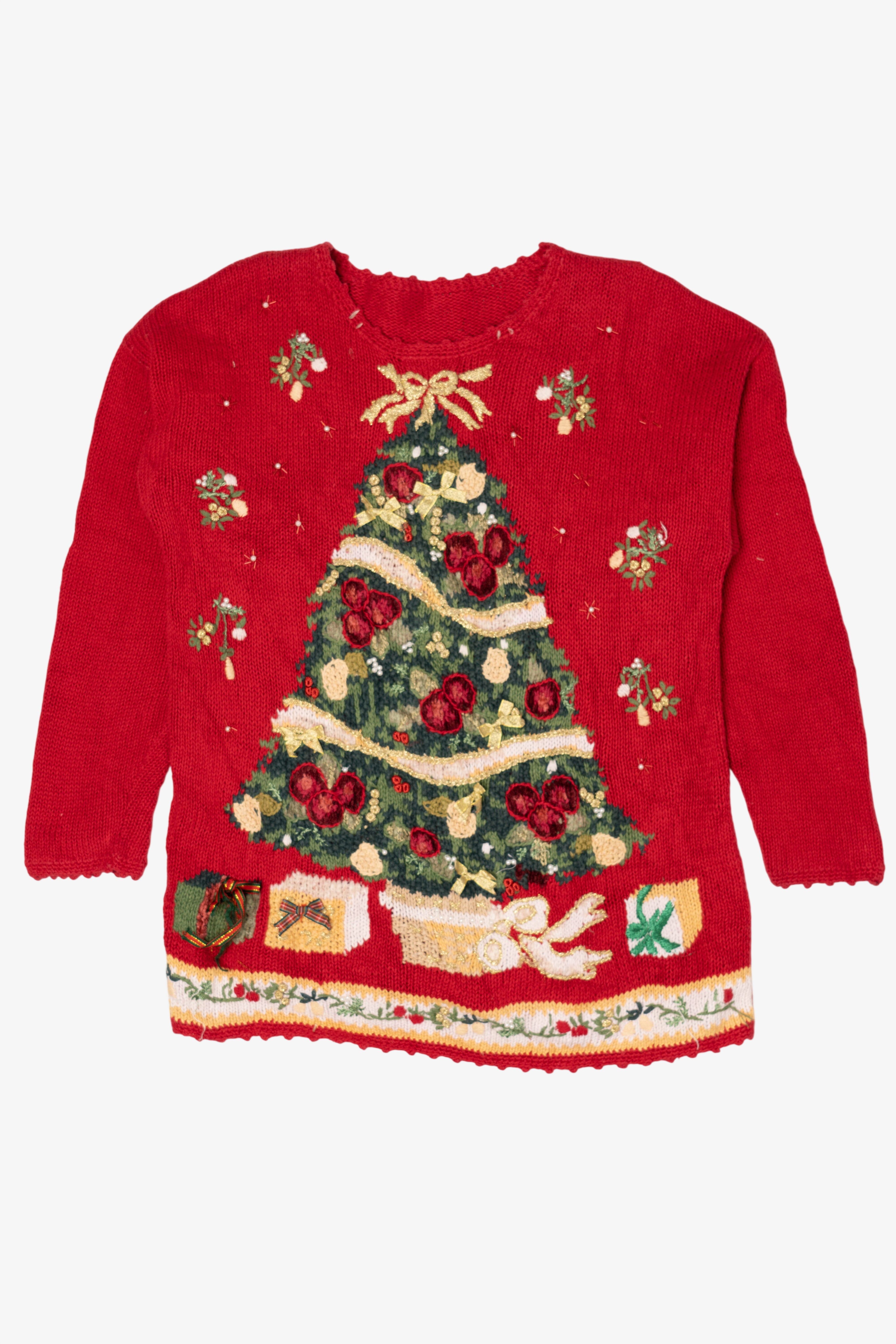Vintage Red Presents Under The Trees Ugly Christmas Pullover (1990s)