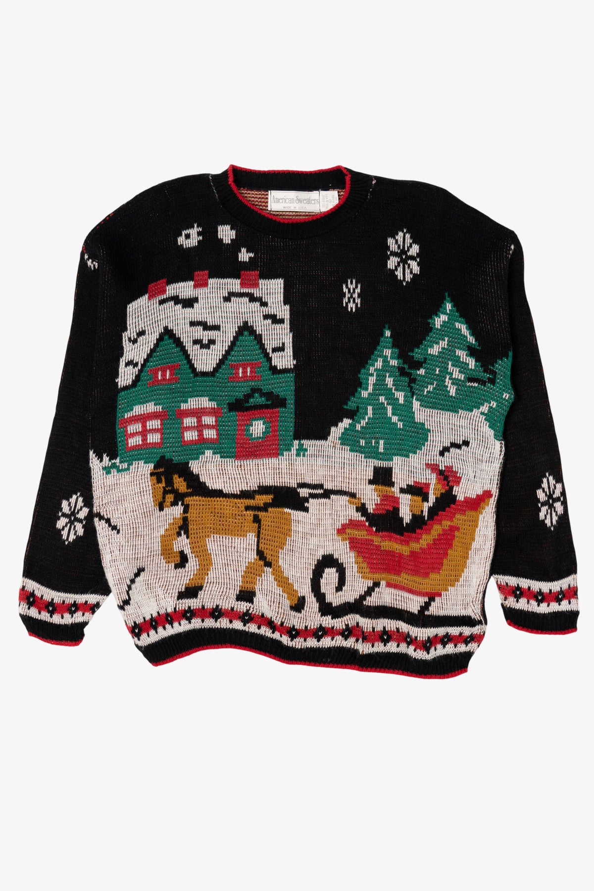 Vintage Black Sleigh Ride American Sweater Ugly Christmas Pullover (1980s)