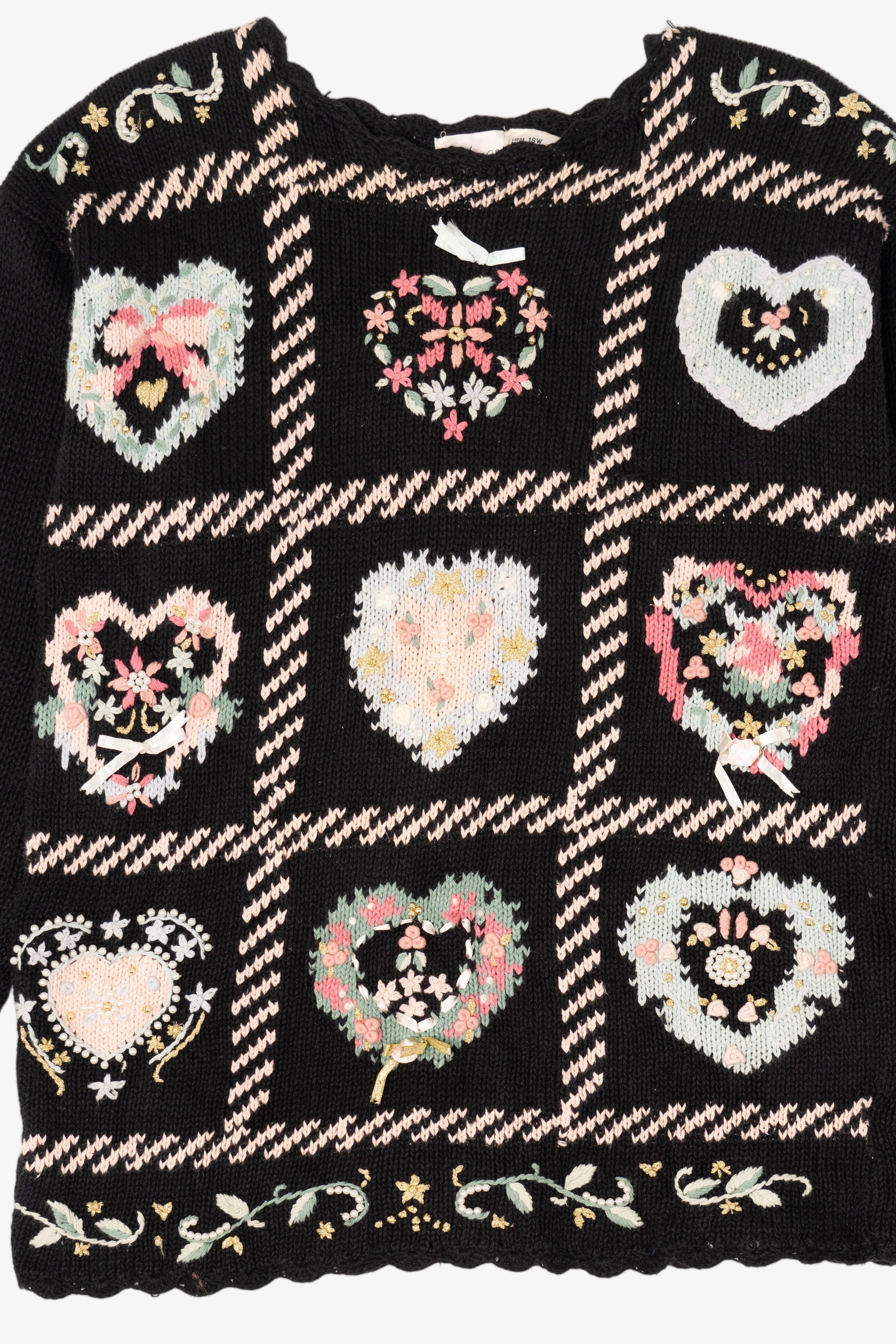Vintage Black Kathie Lee Wreath Hearts Ugly Christmas Pullover (1990s)