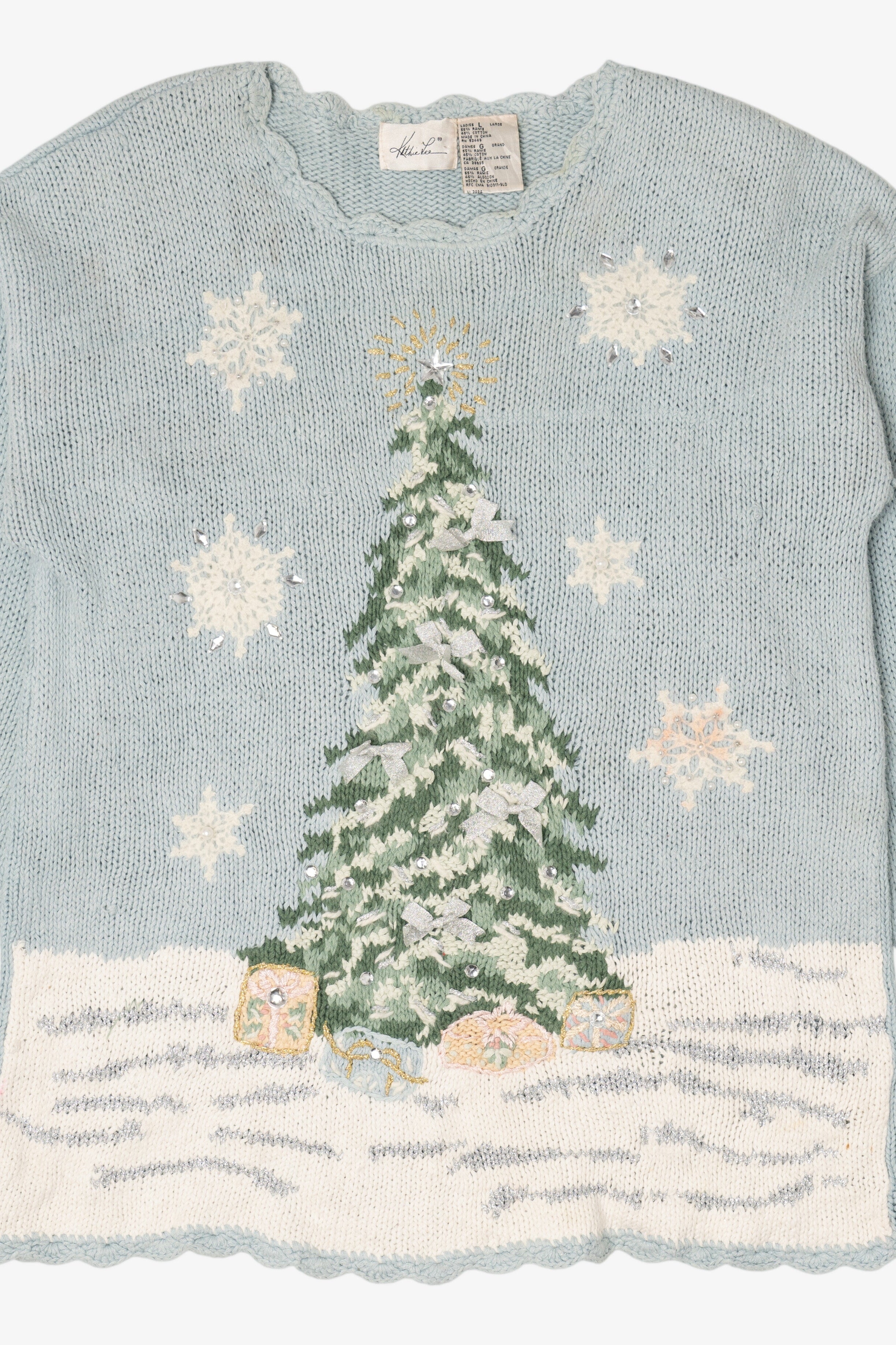 Vintage Light Blue Kathie Lee Tree Ugly Christmas Pullover (1990s)