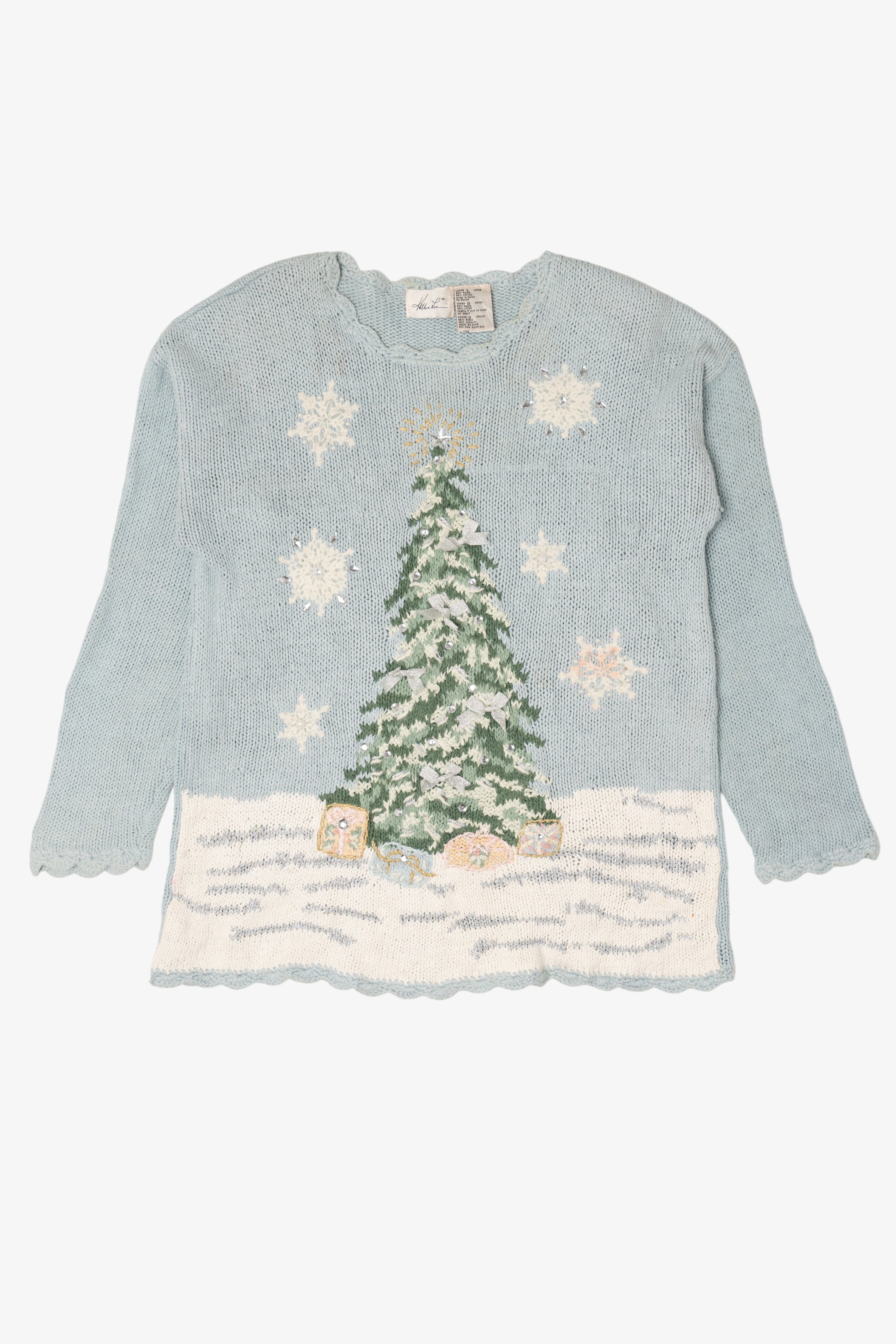 Vintage Light Blue Kathie Lee Tree Ugly Christmas Pullover (1990s)