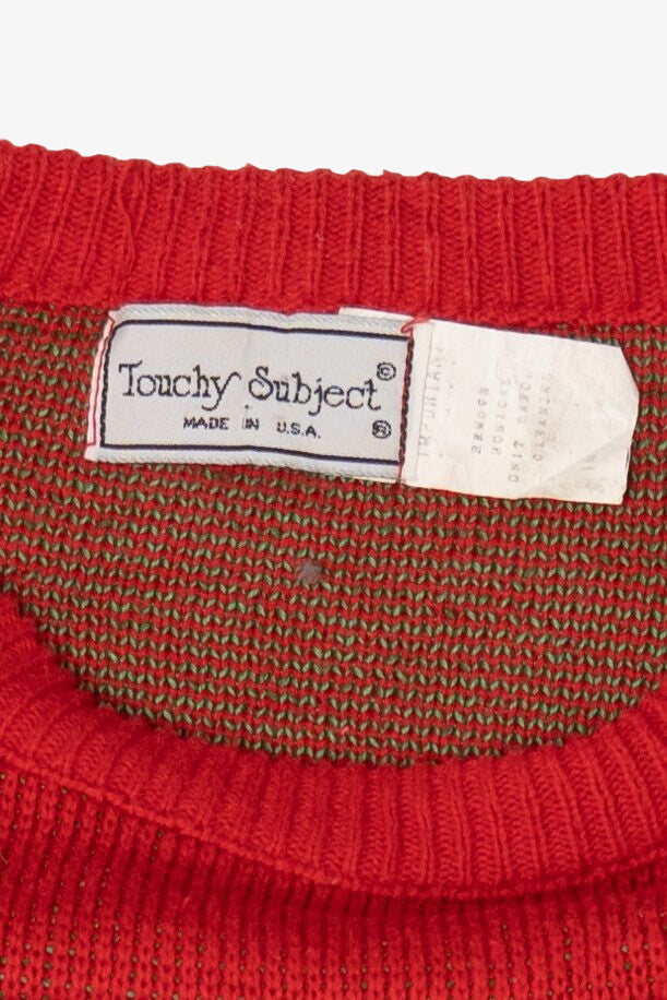 Vintage Red Touchy Subject Santa Ugly Christmas Graphic Sweater (1980s)