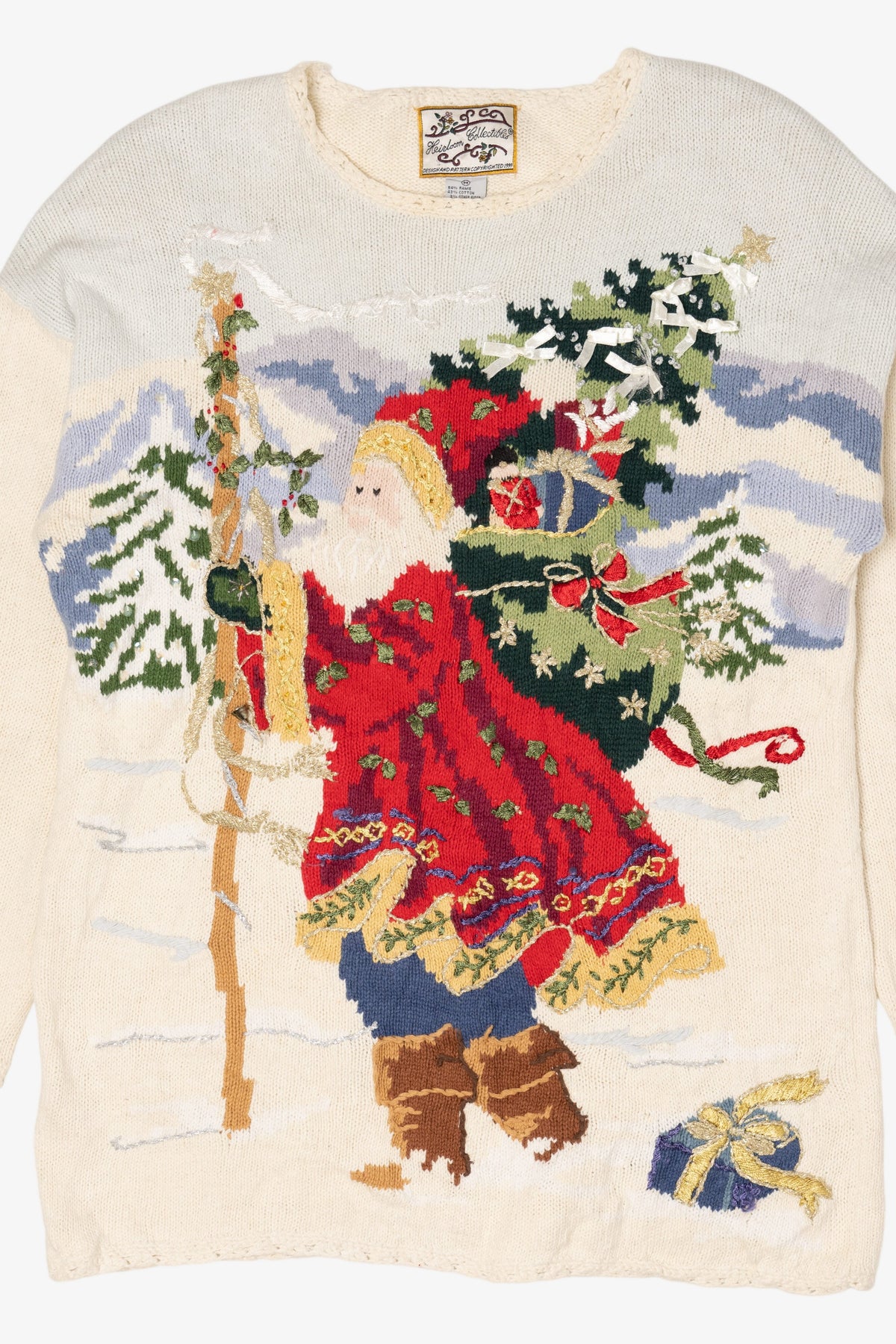 Vintage White Heirloom Collectible Santa Saint Nick Ugly Christmas Pullover (1990s)