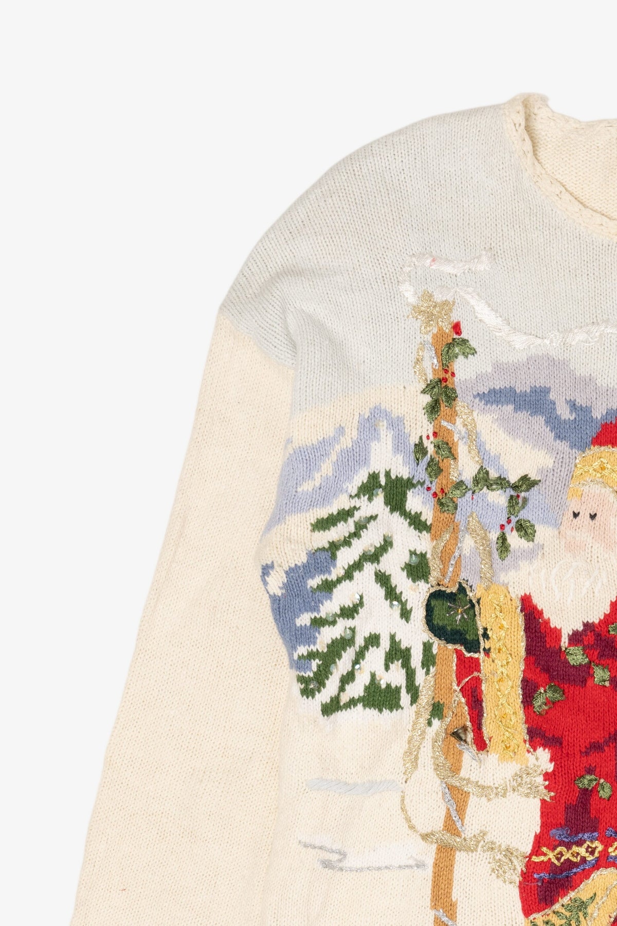 Vintage White Heirloom Collectible Santa Saint Nick Ugly Christmas Pullover (1990s)