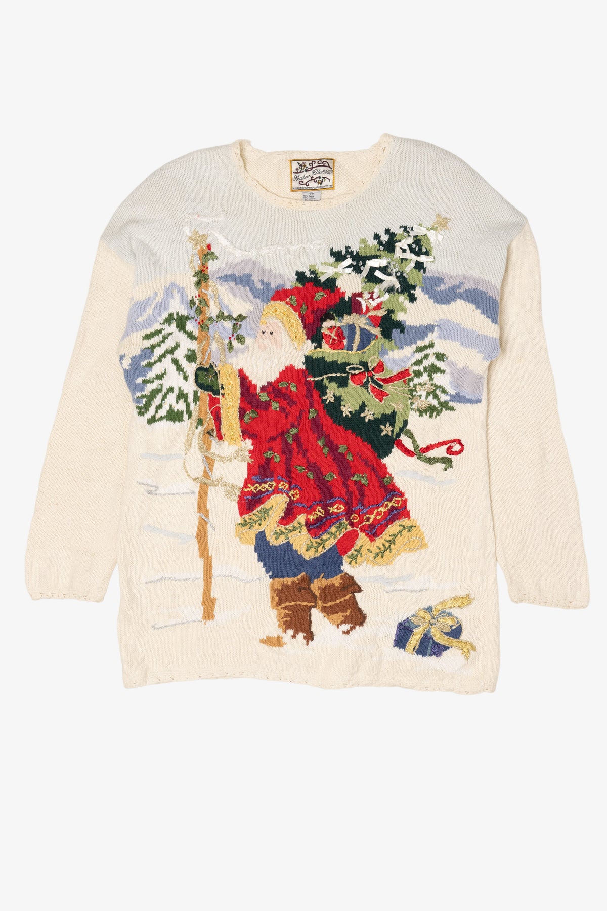 Vintage White Heirloom Collectible Santa Saint Nick Ugly Christmas Pullover (1990s)