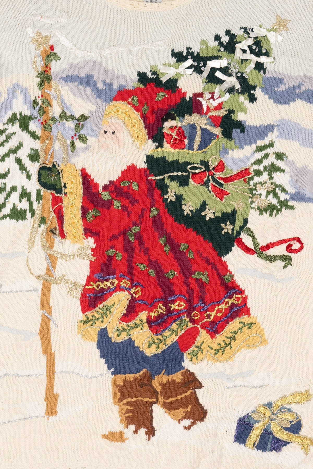Vintage White Heirloom Collectible Santa Saint Nick Ugly Christmas Pullover (1990s)