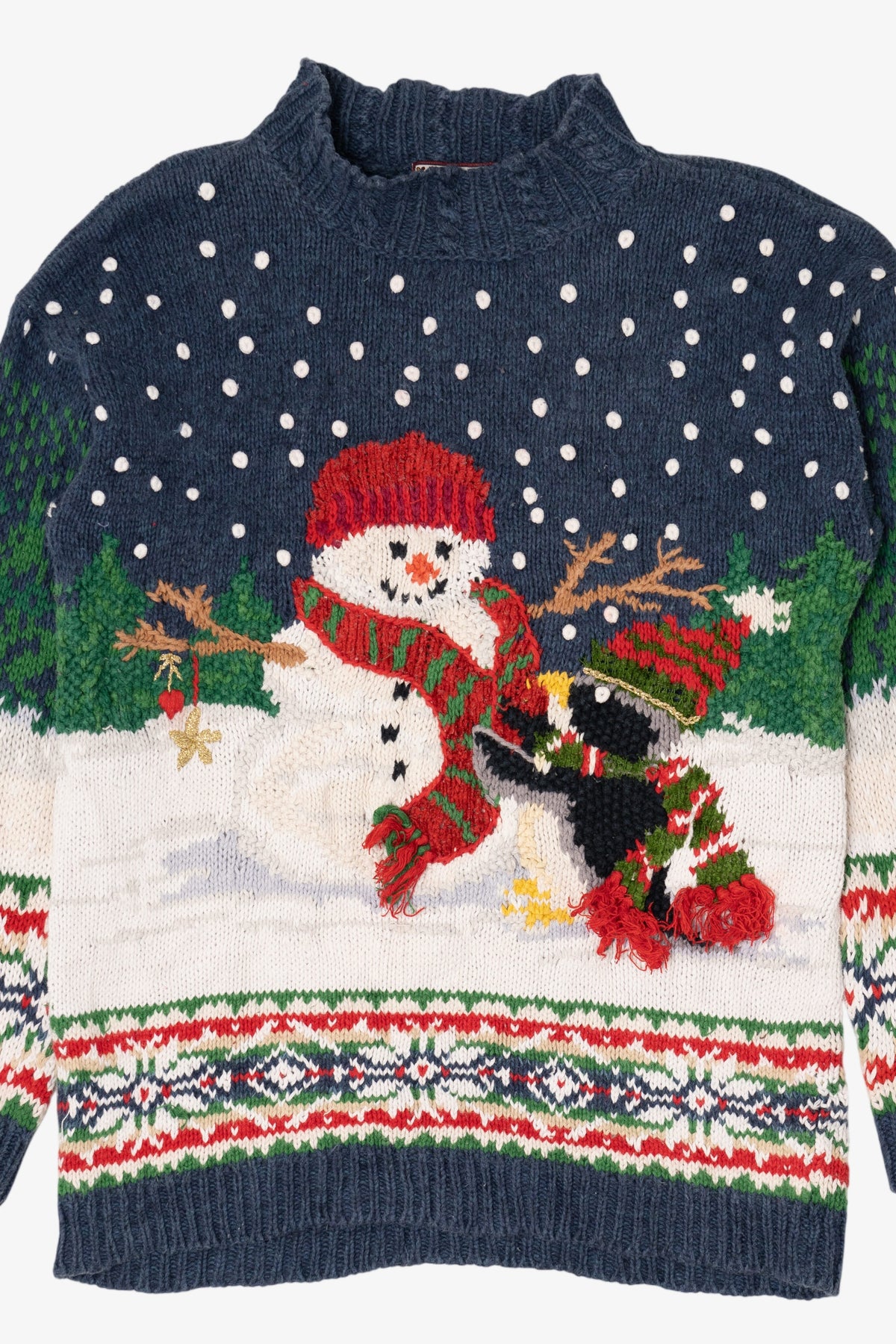 Vintage Blue Tiara International Penguin Building Snowmen Ugly Christmas Pullover (1990s)