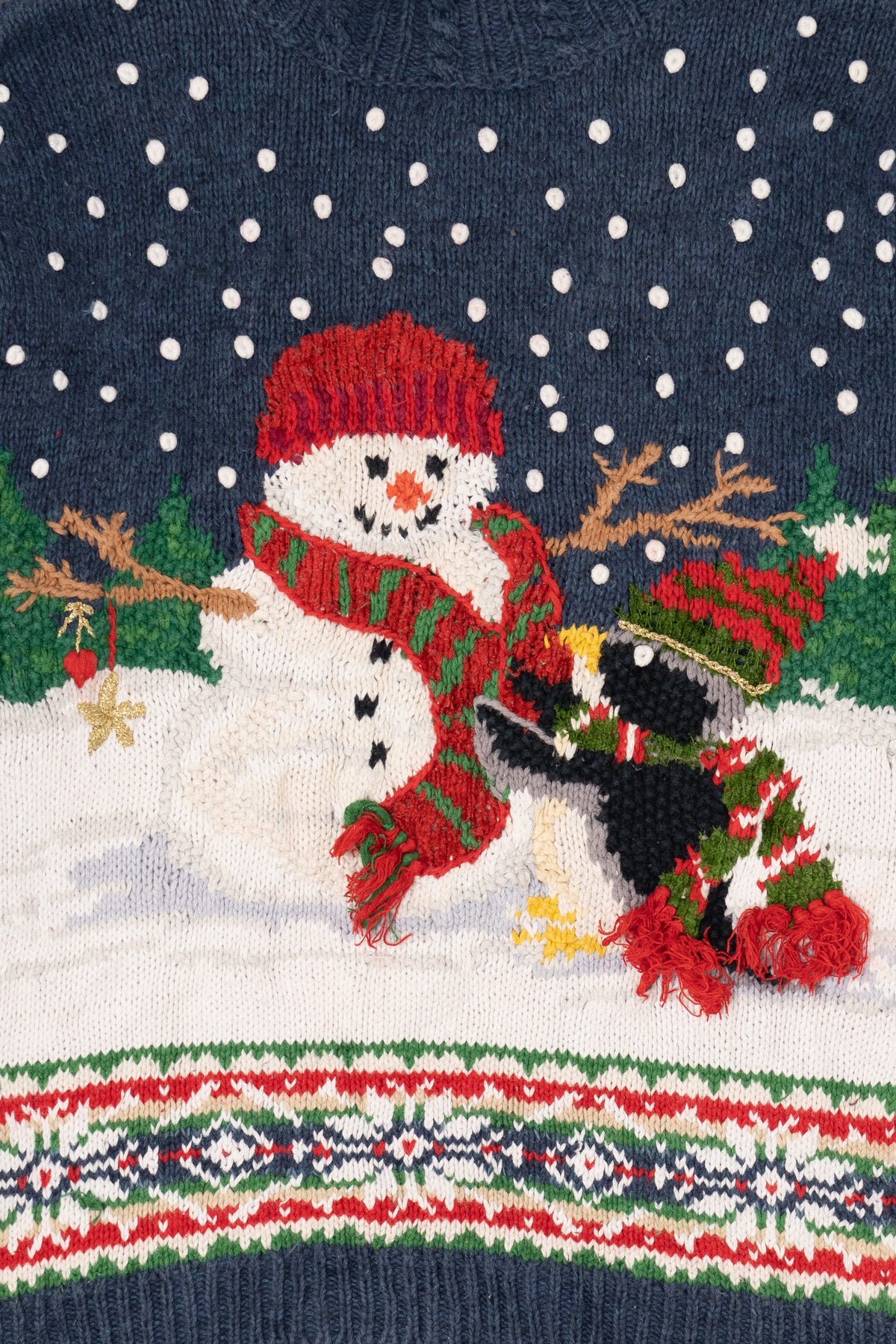 Vintage Blue Tiara International Penguin Building Snowmen Ugly Christmas Pullover (1990s)