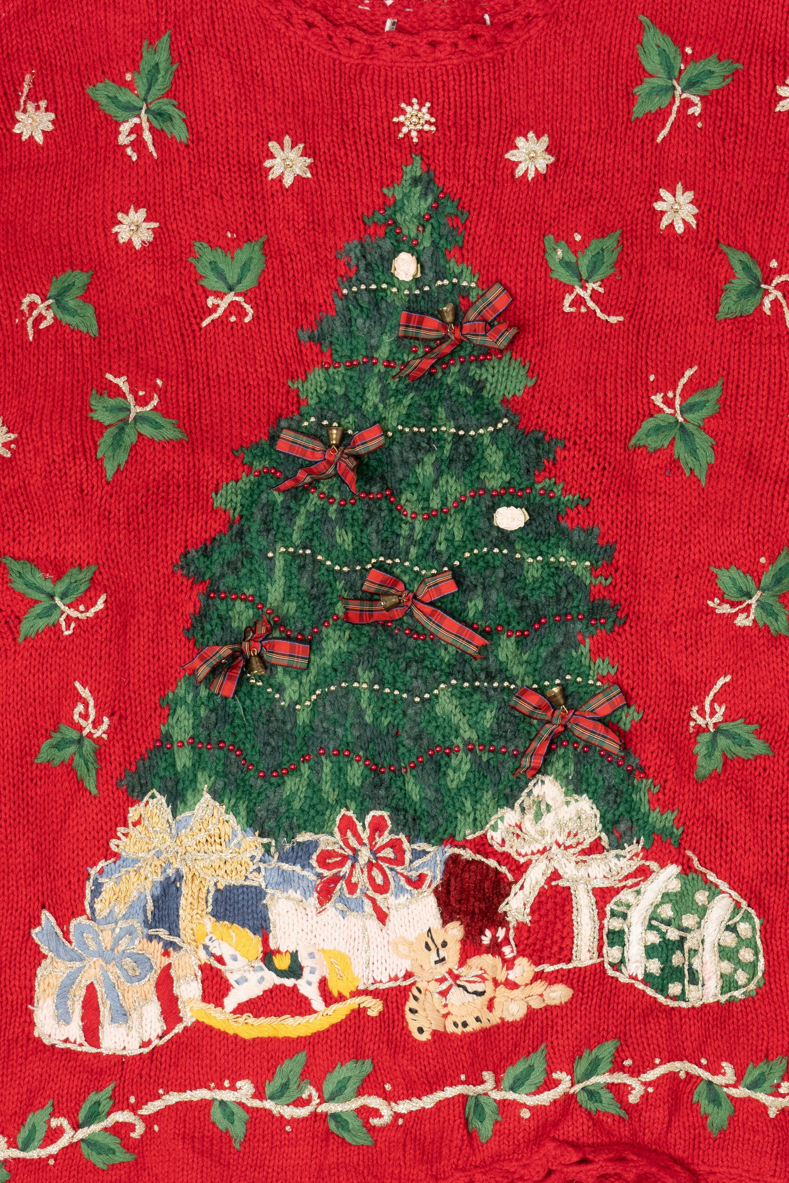 Vintage Red Presents Under Trees Ugly Christmas Pullover (1990s)