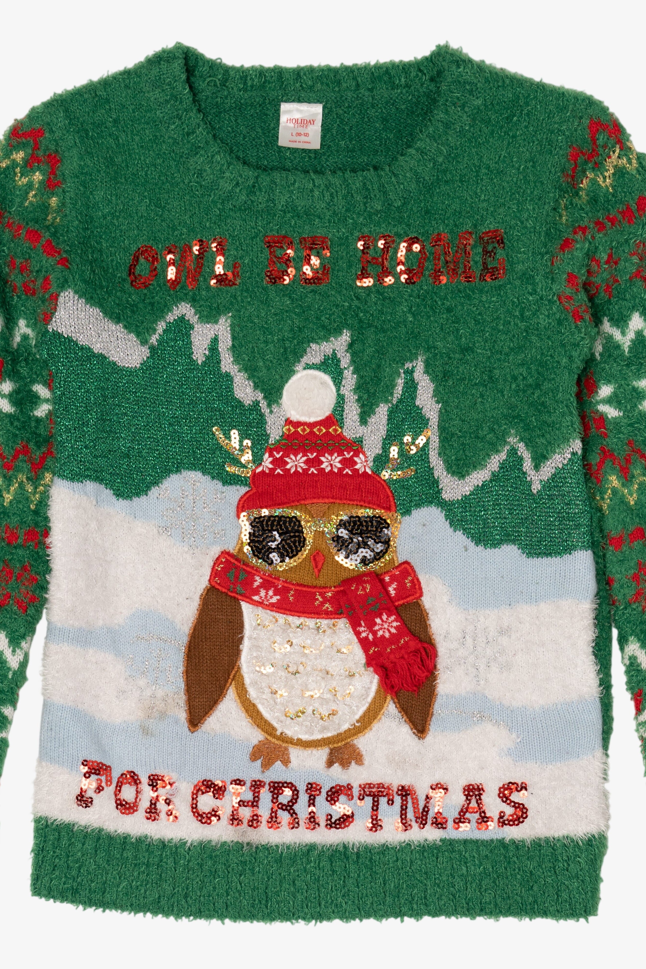 Green "Owl Be Home For Christmas" Ugly Christmas Pullover (2010s)