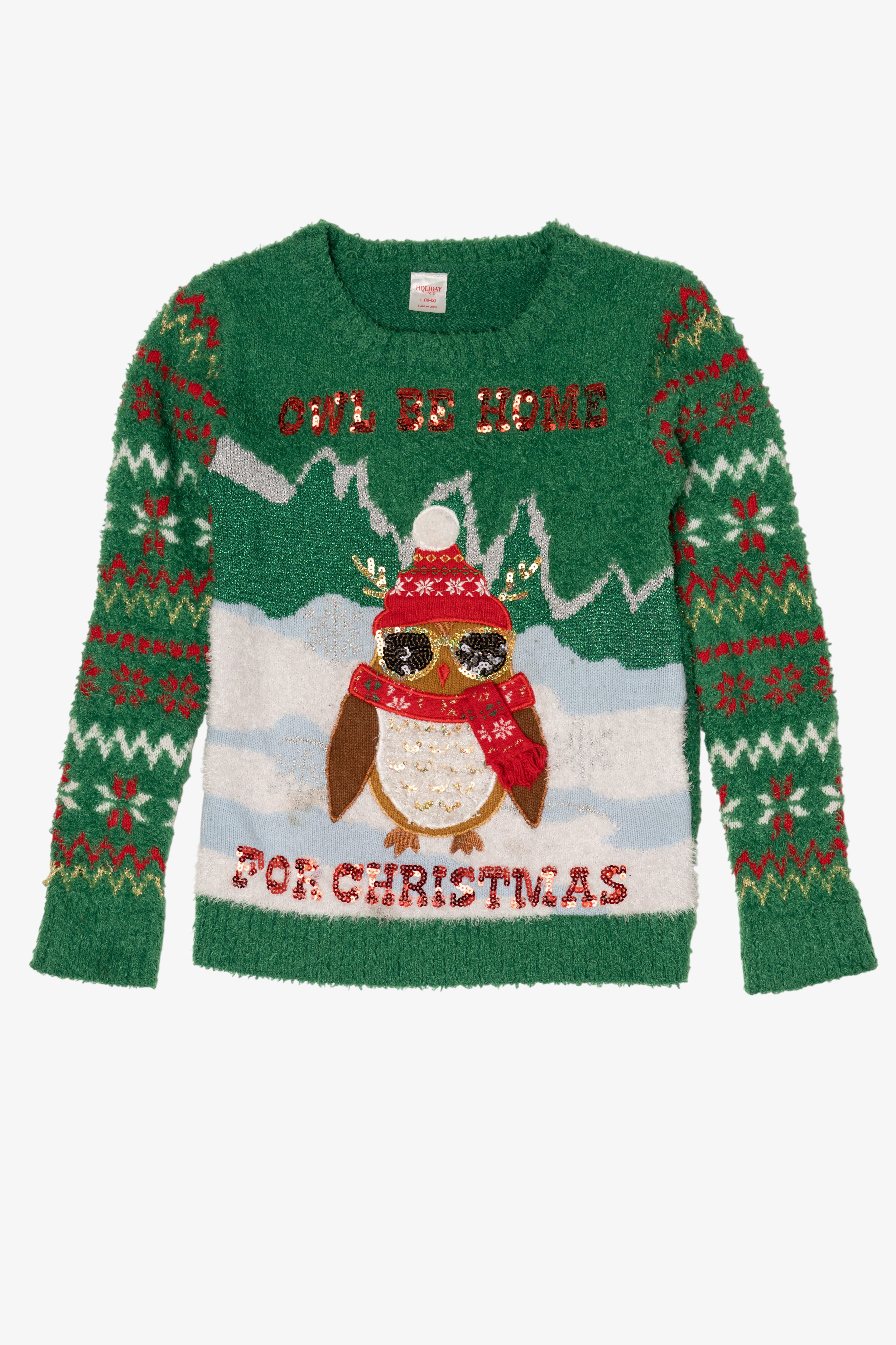 Green "Owl Be Home For Christmas" Ugly Christmas Pullover (2010s)