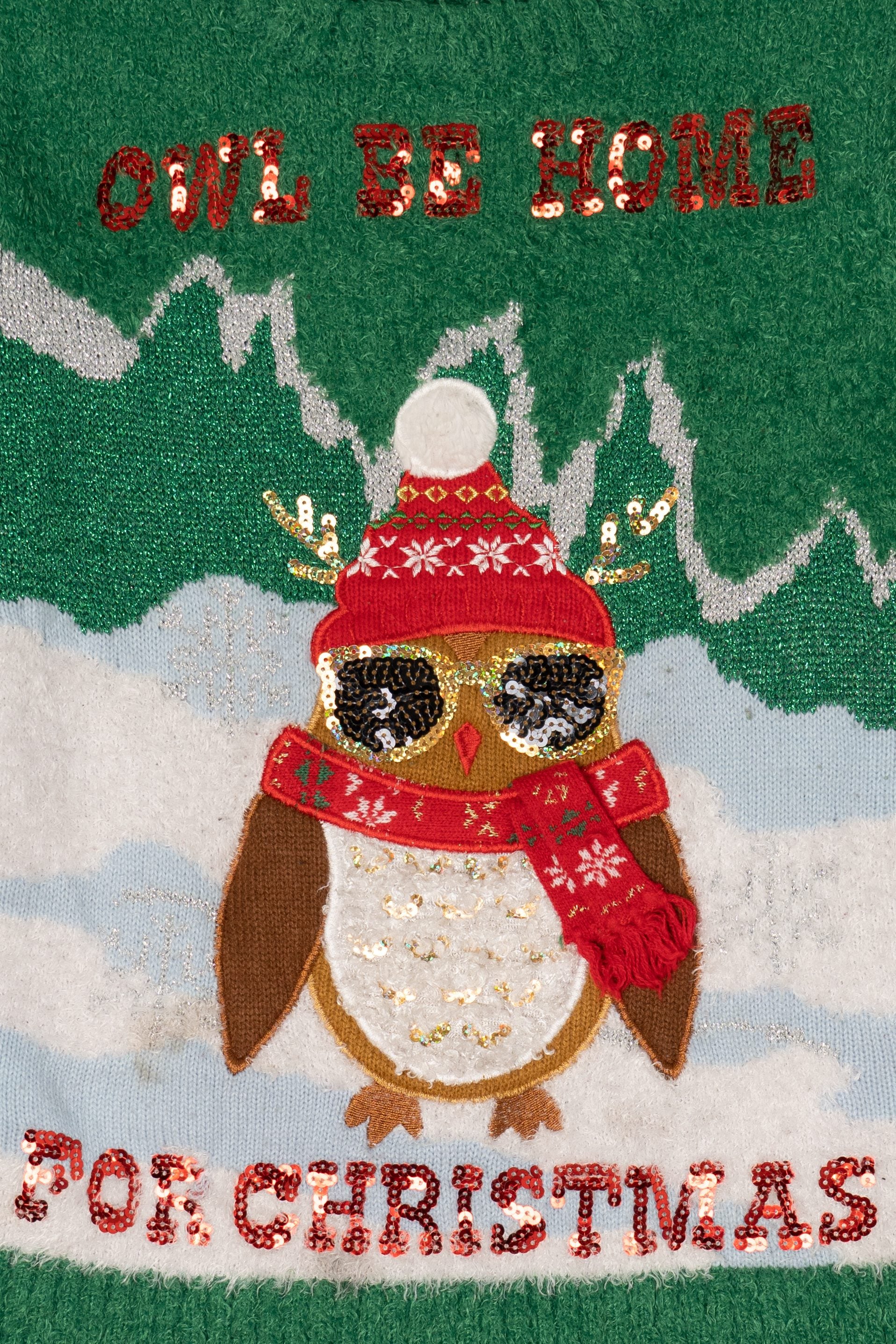 Green "Owl Be Home For Christmas" Ugly Christmas Pullover (2010s)