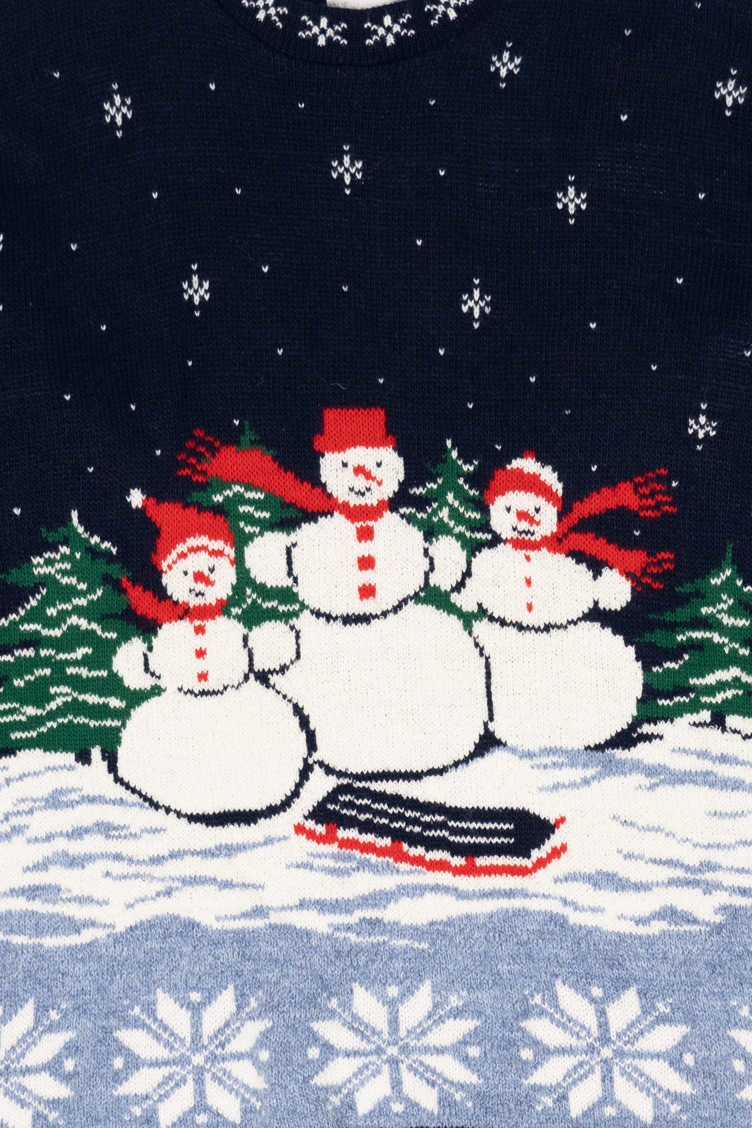 Vintage Navy Blue Willow Bay Snowmen Ugly Christmas Pullover (1990s)