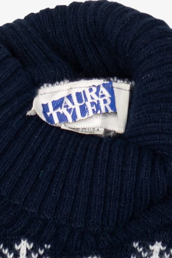 Vintage Navy Blue Laura Tyler Snowmen Ugly Christmas Pullover (1980s)