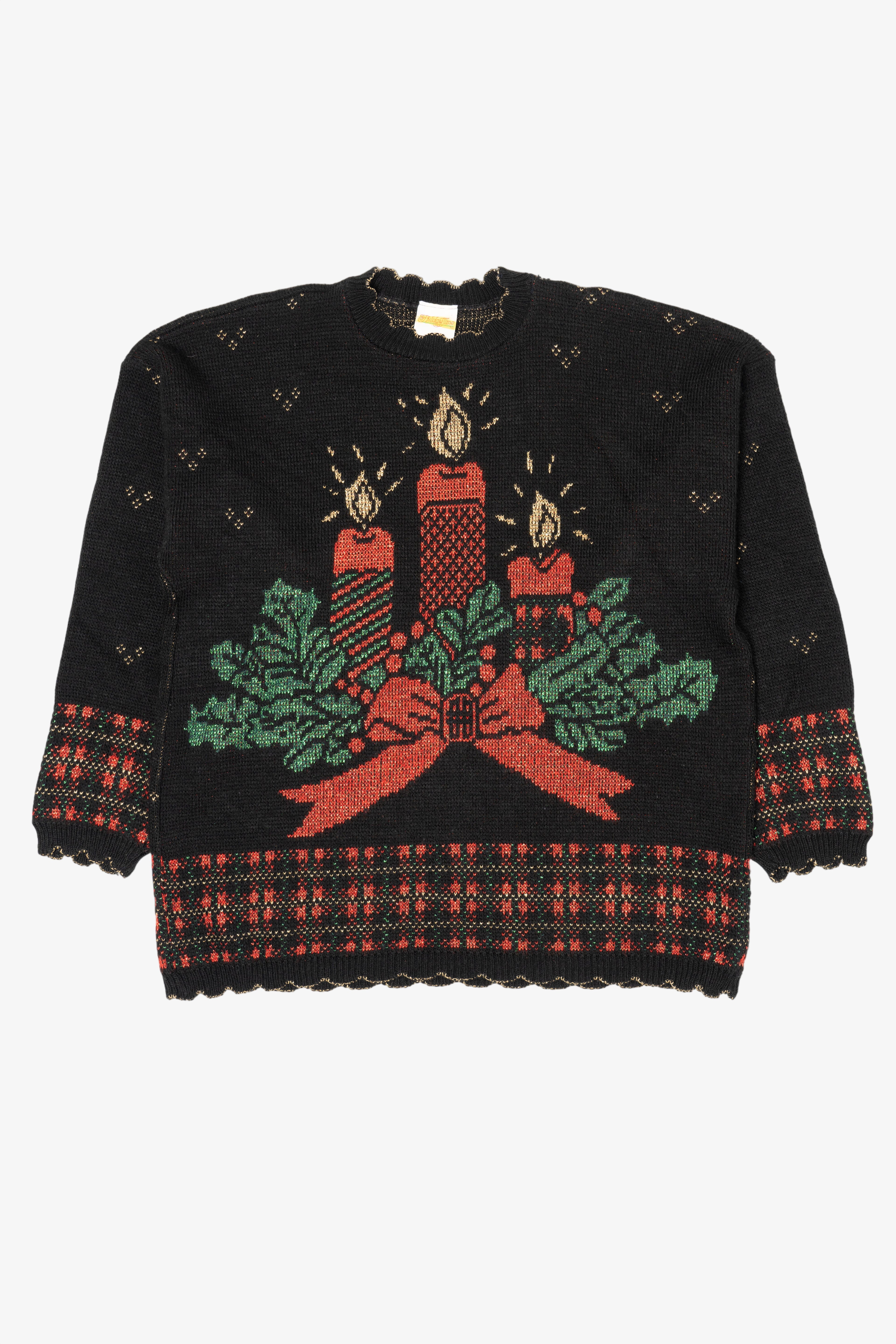 Vintage Black Holiday Time Candles Ugly Christmas Pullover (1980s)
