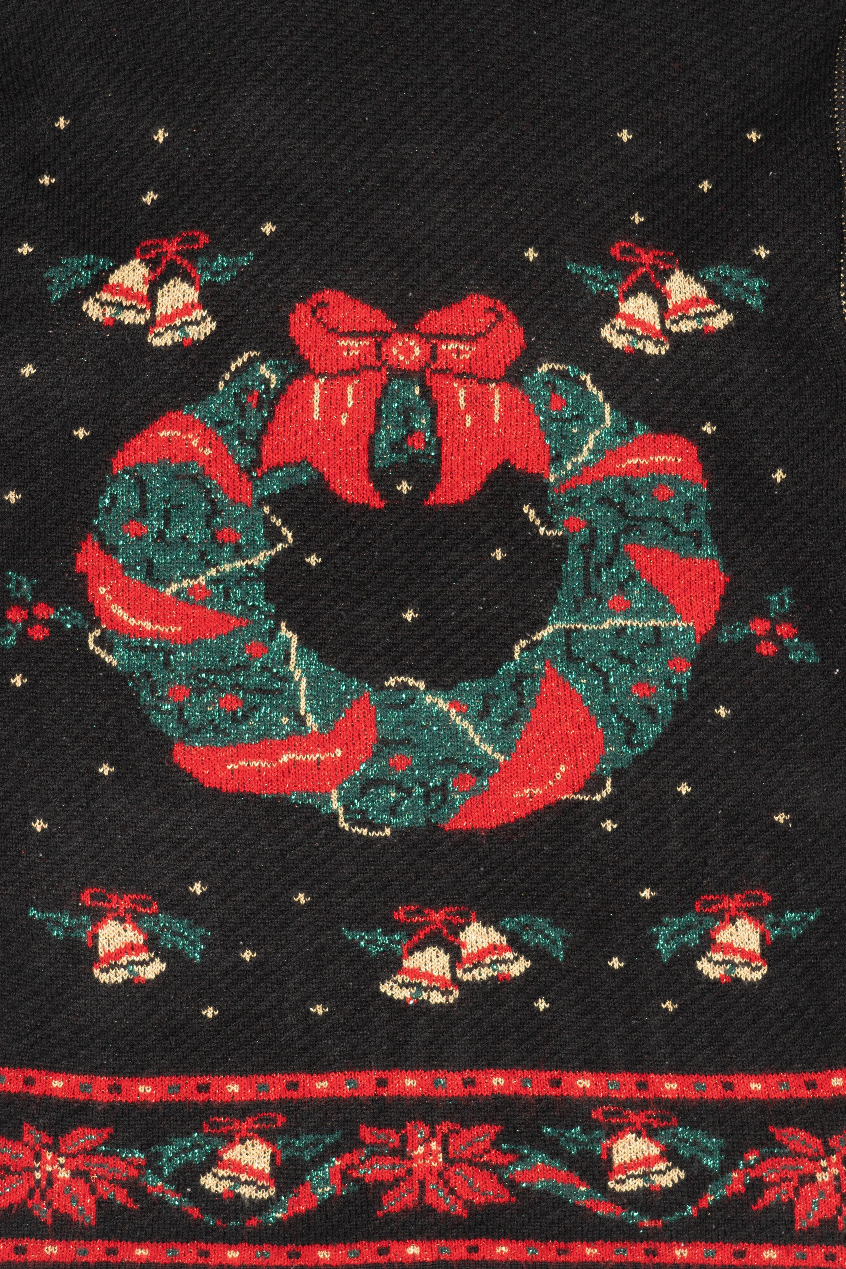 Vintage Black Mathias Wreaths Ugly Christmas Pullover (1980s)