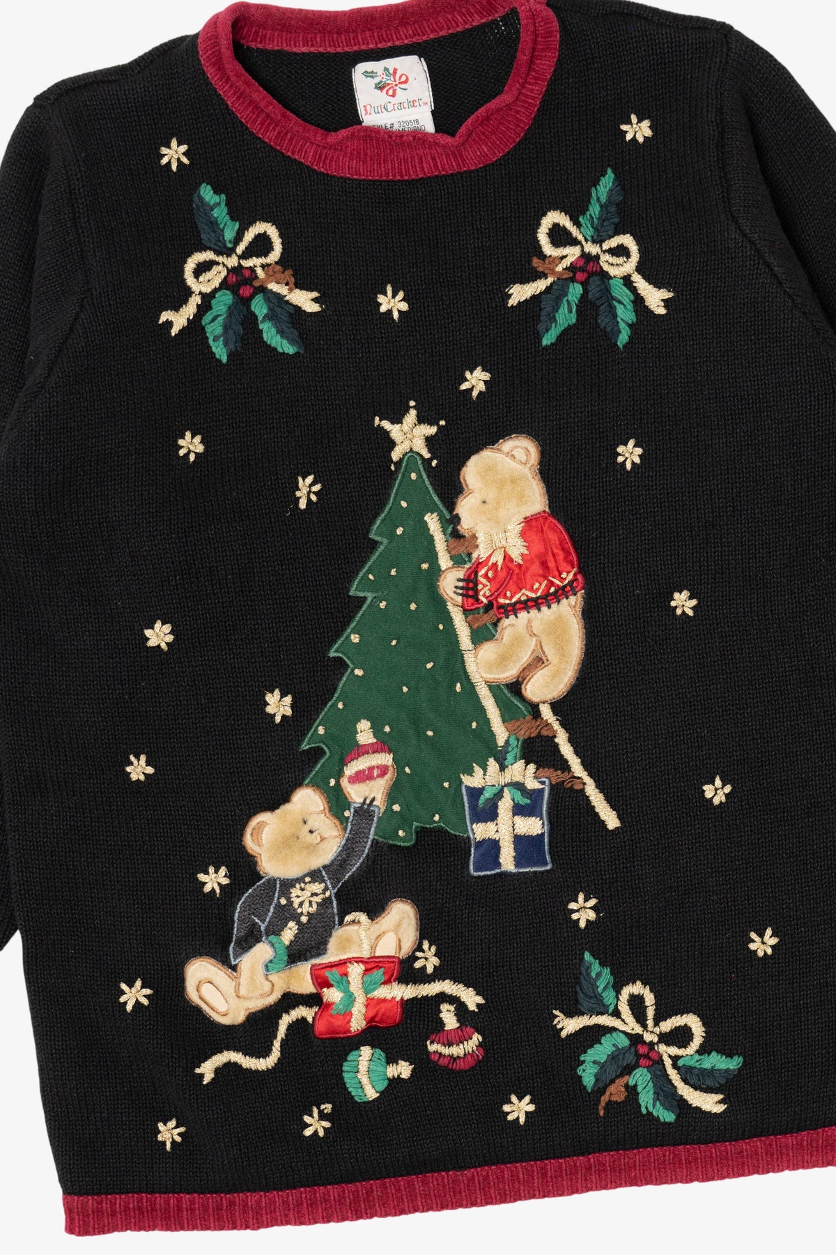 Vintage Black Nutcracker Bears Decorating Tree Ugly Christmas Pullover (1990s)