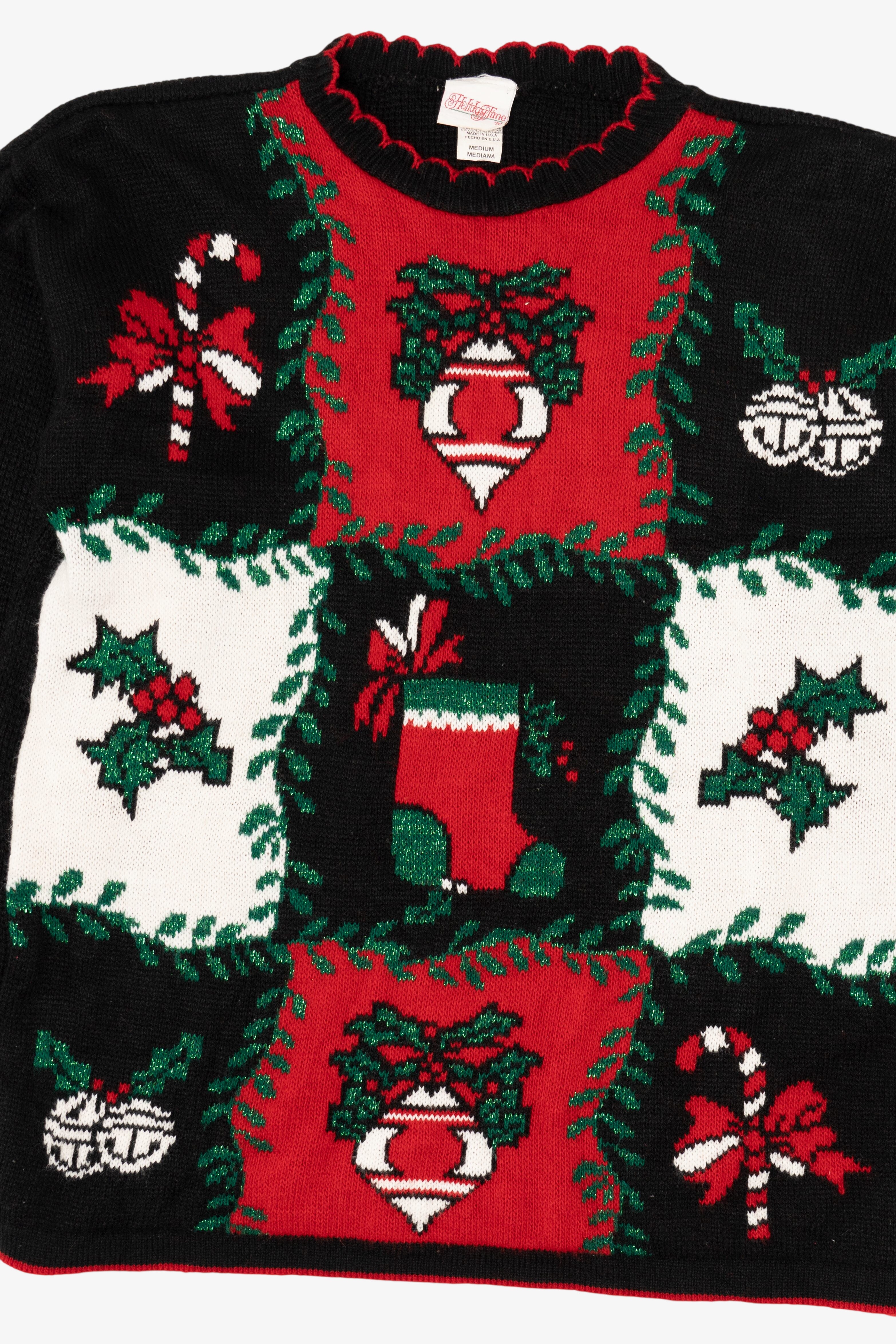 Vintage Black Holiday Time Ornaments Ugly Christmas Pullover (1980s)