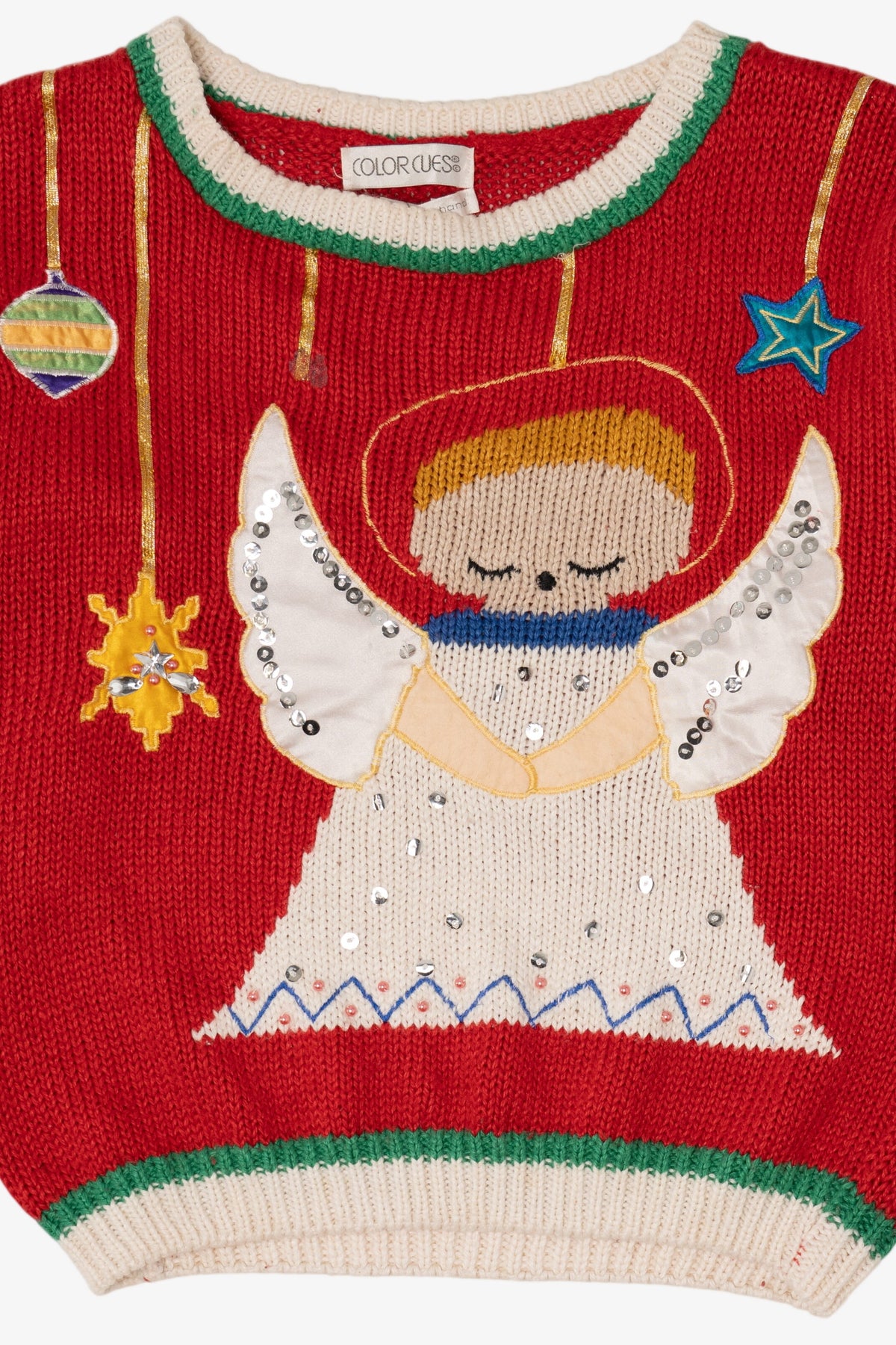 Vintage Hand Knit Red Color Cues Angel Ugly Christmas Pullover (1990s)