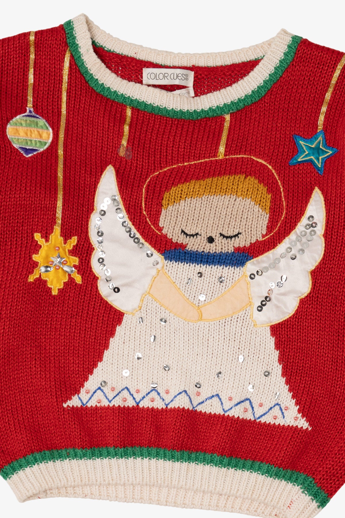 Vintage Hand Knit Red Color Cues Angel Ugly Christmas Pullover (1990s)