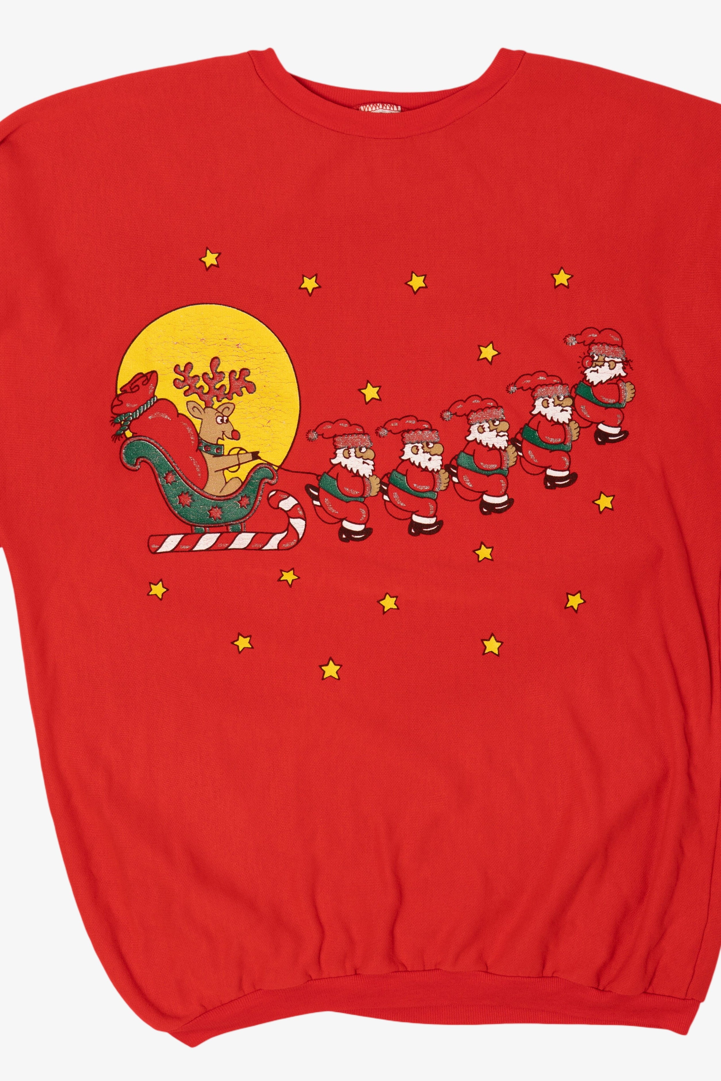 Vintage Red Santa Pulling Reindeer Santa Ugly Christmas Pullover (1990s)