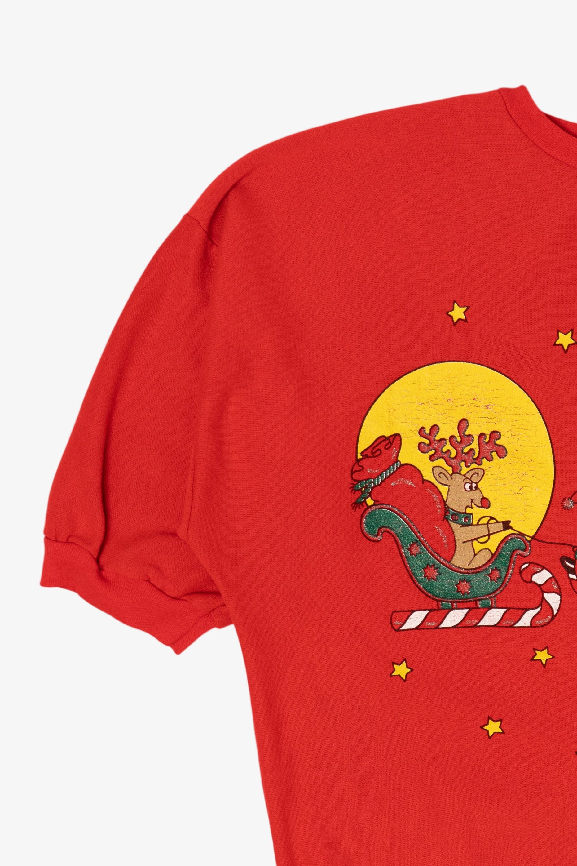 Vintage Red Santa Pulling Reindeer Santa Ugly Christmas Pullover (1990s)
