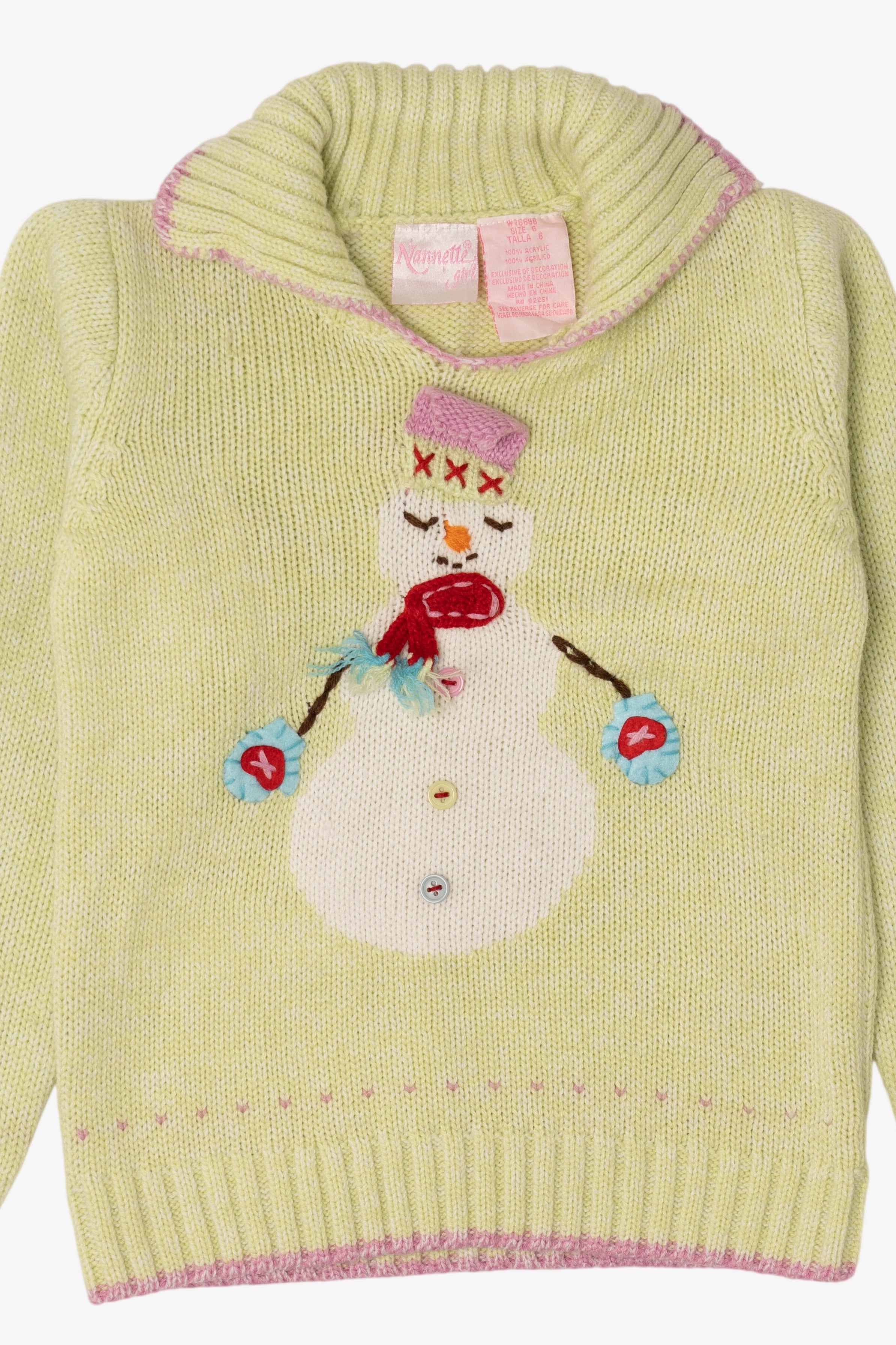 Vintage Kid Sized Light Green Nannettegirl Snowmen Ugly Christmas Sweater (sz 6) (1990s)