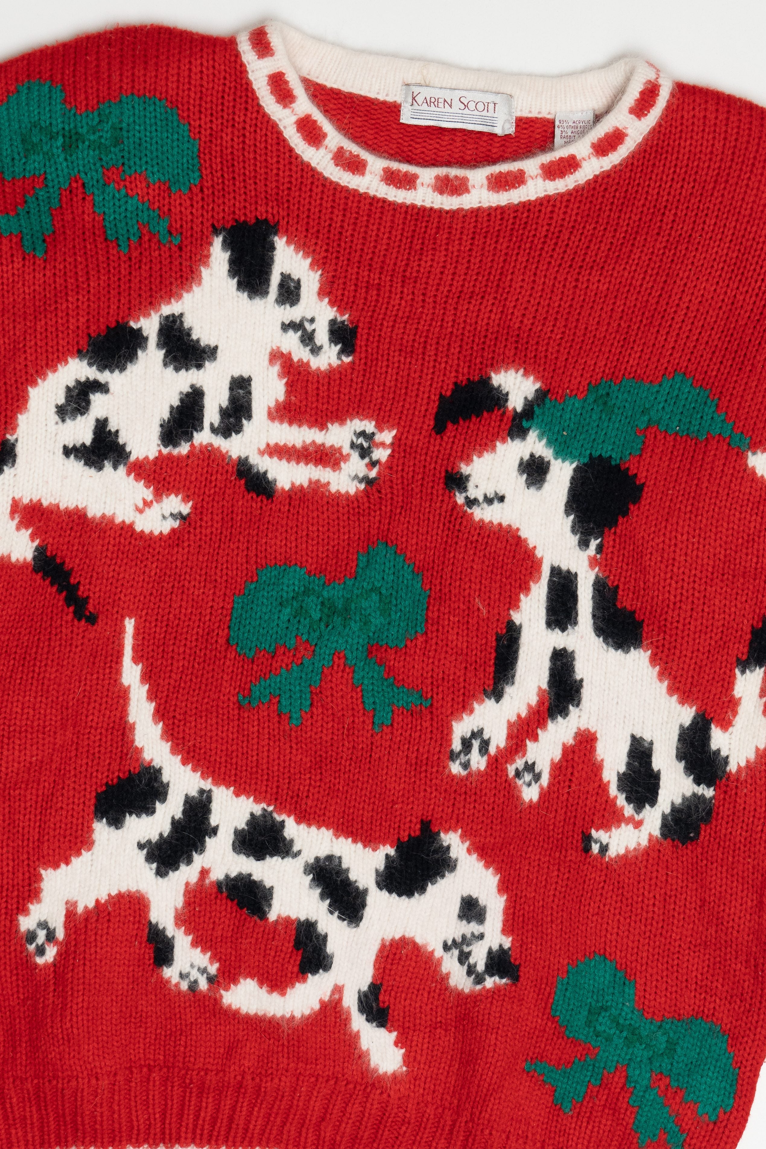Vintage Karen Scott Dalmatian Puppies Holiday Hats & Bows Ugly Christmas Sweater (1980s)