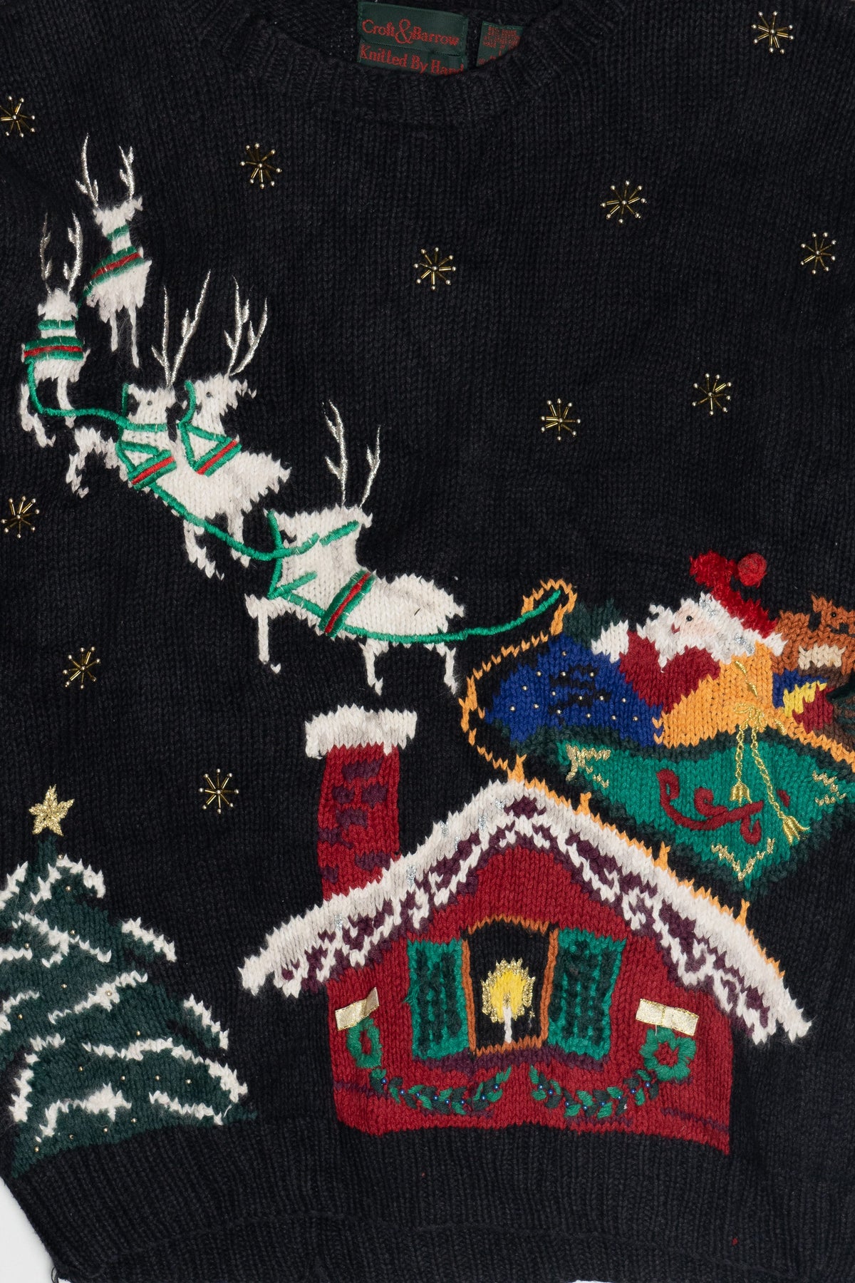 Vintage Hand Knit Santa & His Sleigh Holiday Scene Ugly Christmas Pullover (1990s)