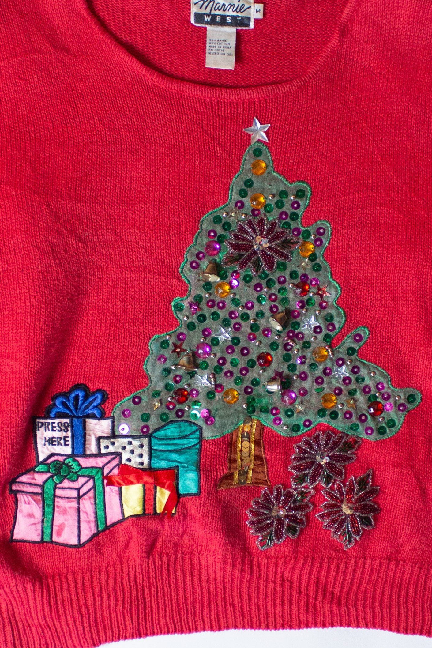 Vintage Marnie West Press Here Christmas Sweater (1990s)