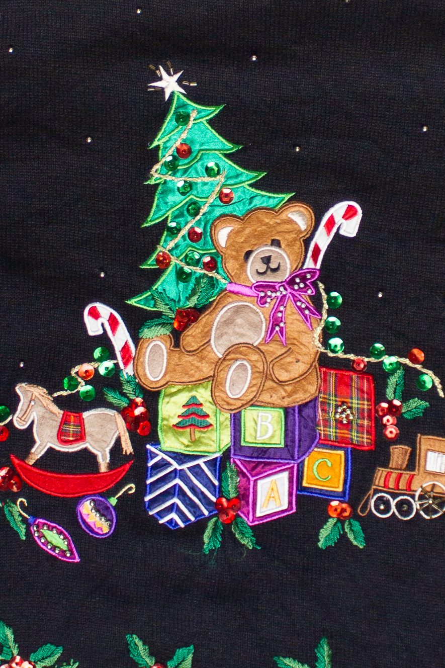 Vintage Toys By The Tree Turtleneck Metallic Crochet Trim Ugly Christmas Sweater (2000s)
