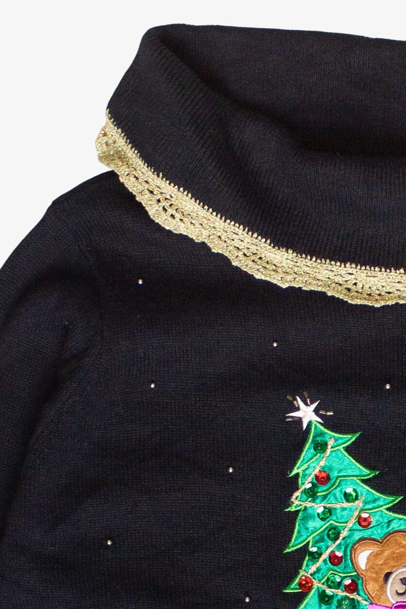 Vintage Toys By The Tree Turtleneck Metallic Crochet Trim Ugly Christmas Sweater (2000s)