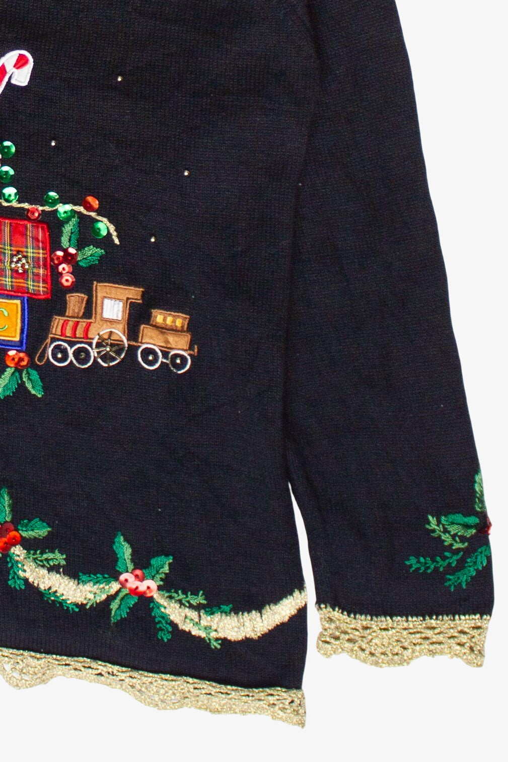 Vintage Toys By The Tree Turtleneck Metallic Crochet Trim Ugly Christmas Sweater (2000s)