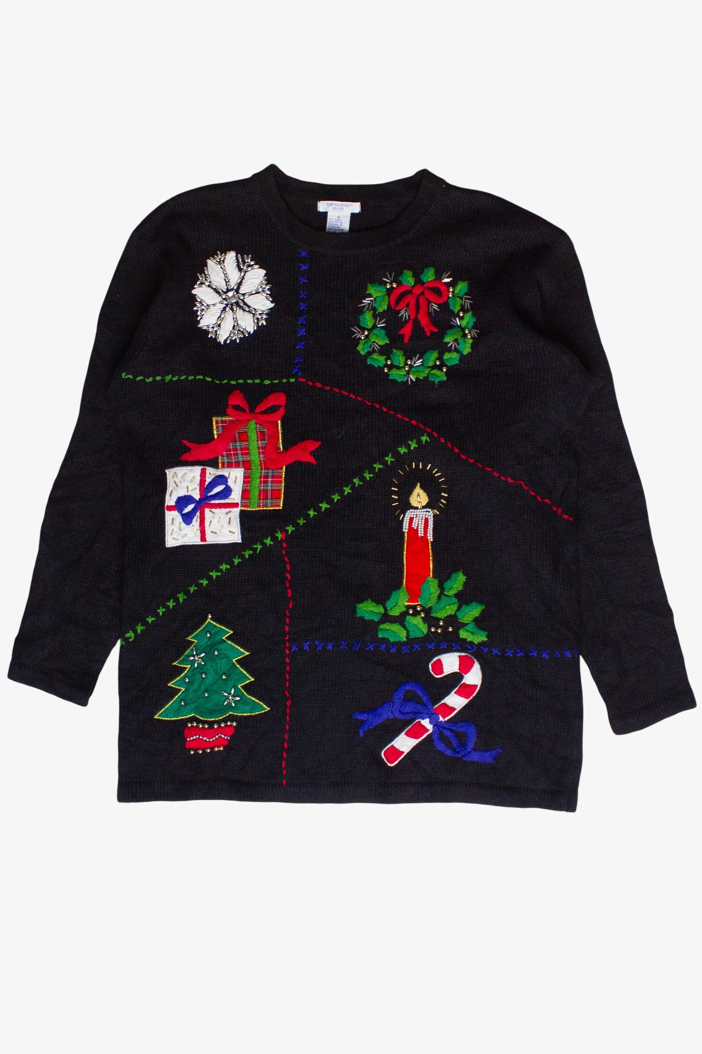 Vintage Ship'N'Shore Beaded Hand Stitched Holiday Icons Ugly Christmas Sweater (1990s)