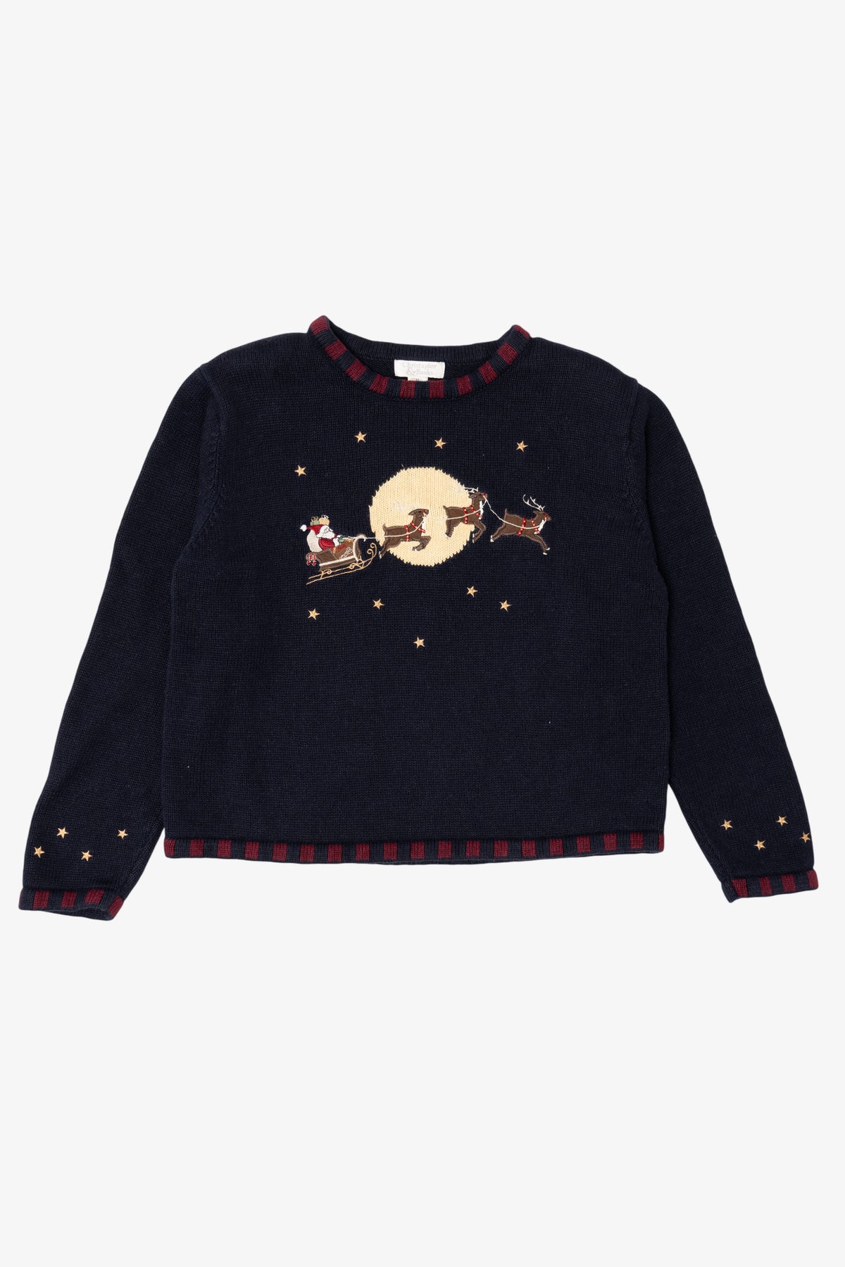 Vintage Navy Blue Christopher & Banks Santa Flying in Sleigh Ugly Christmas Pullover (1990s)