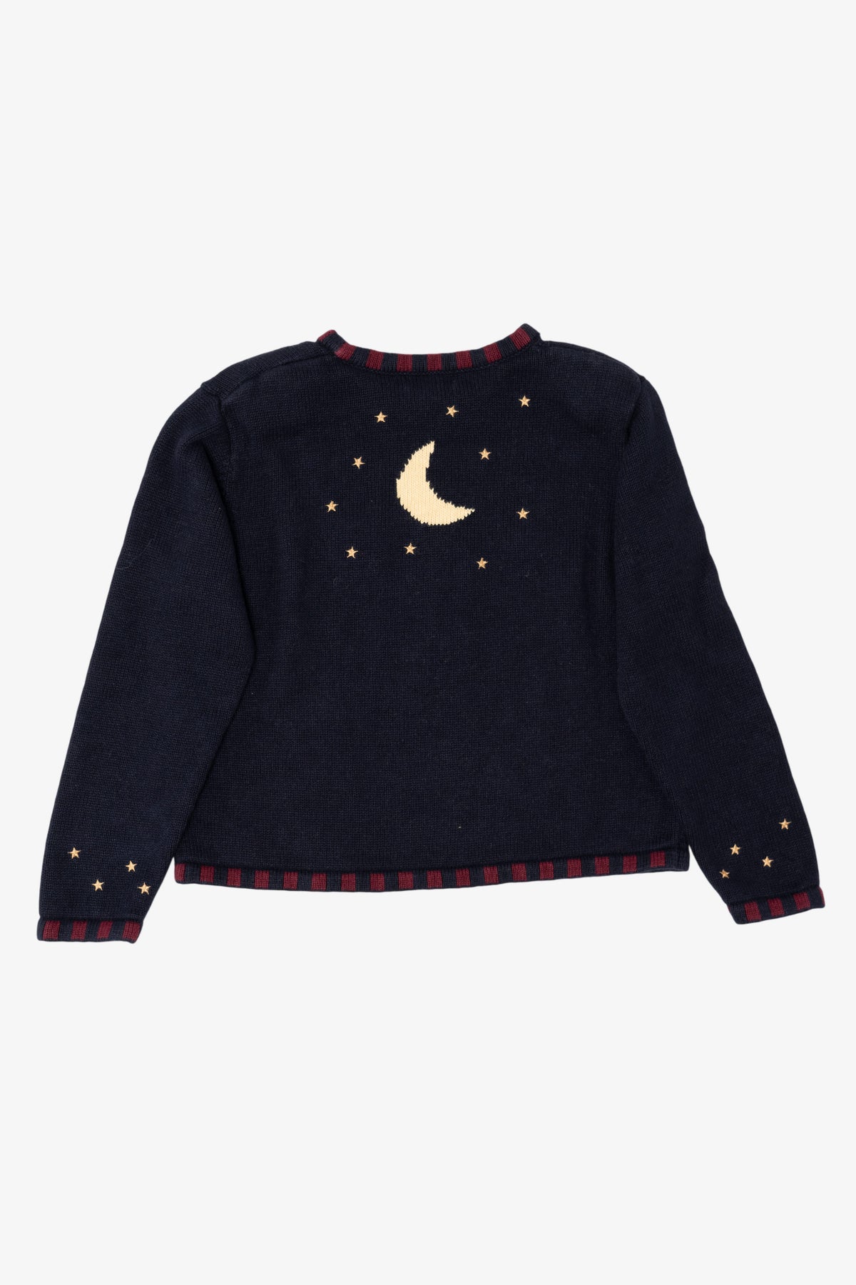Vintage Navy Blue Christopher & Banks Santa Flying in Sleigh Ugly Christmas Pullover (1990s)