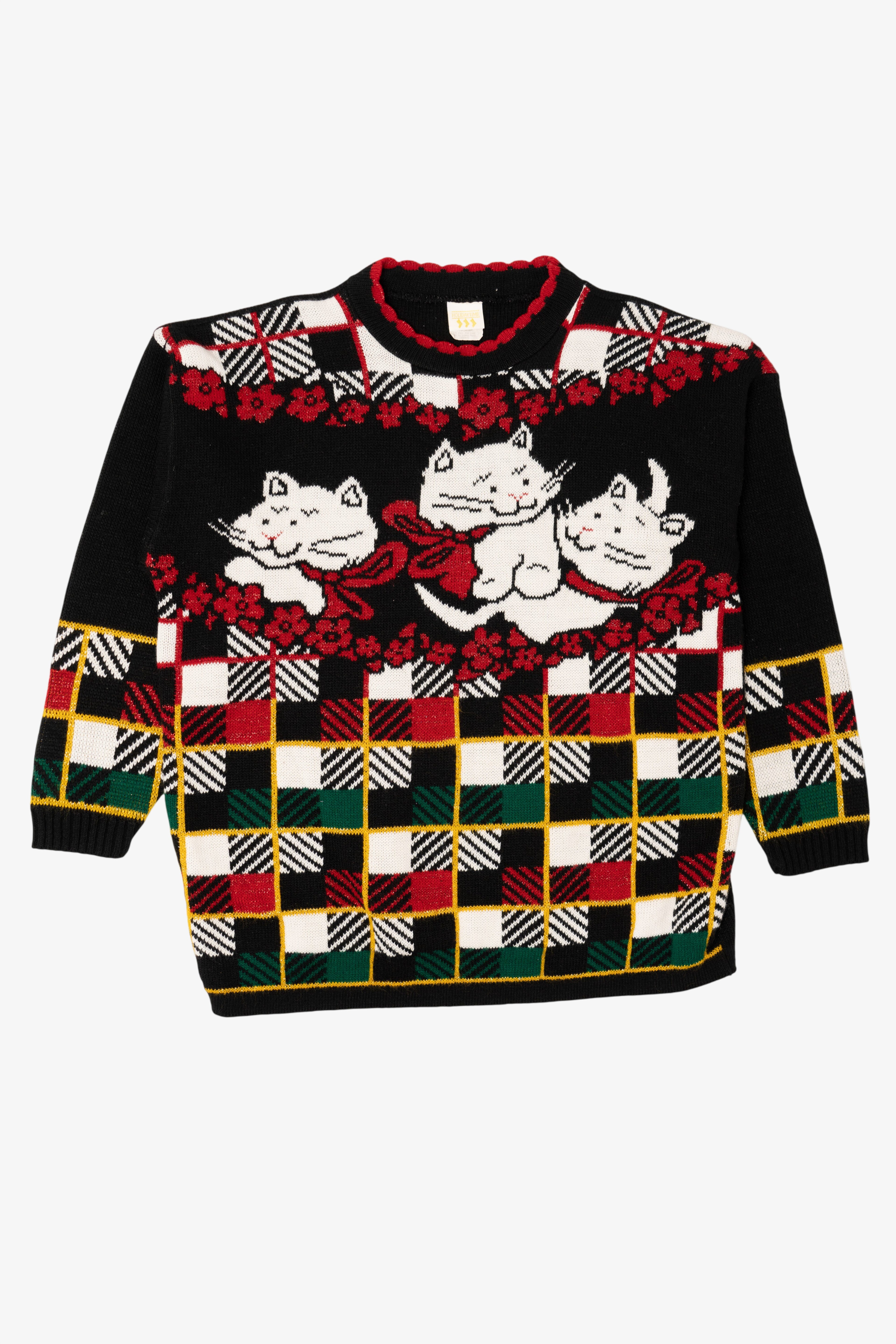 Vintage Black Holiday Time Cats Ugly Christmas Pullover (1980s)
