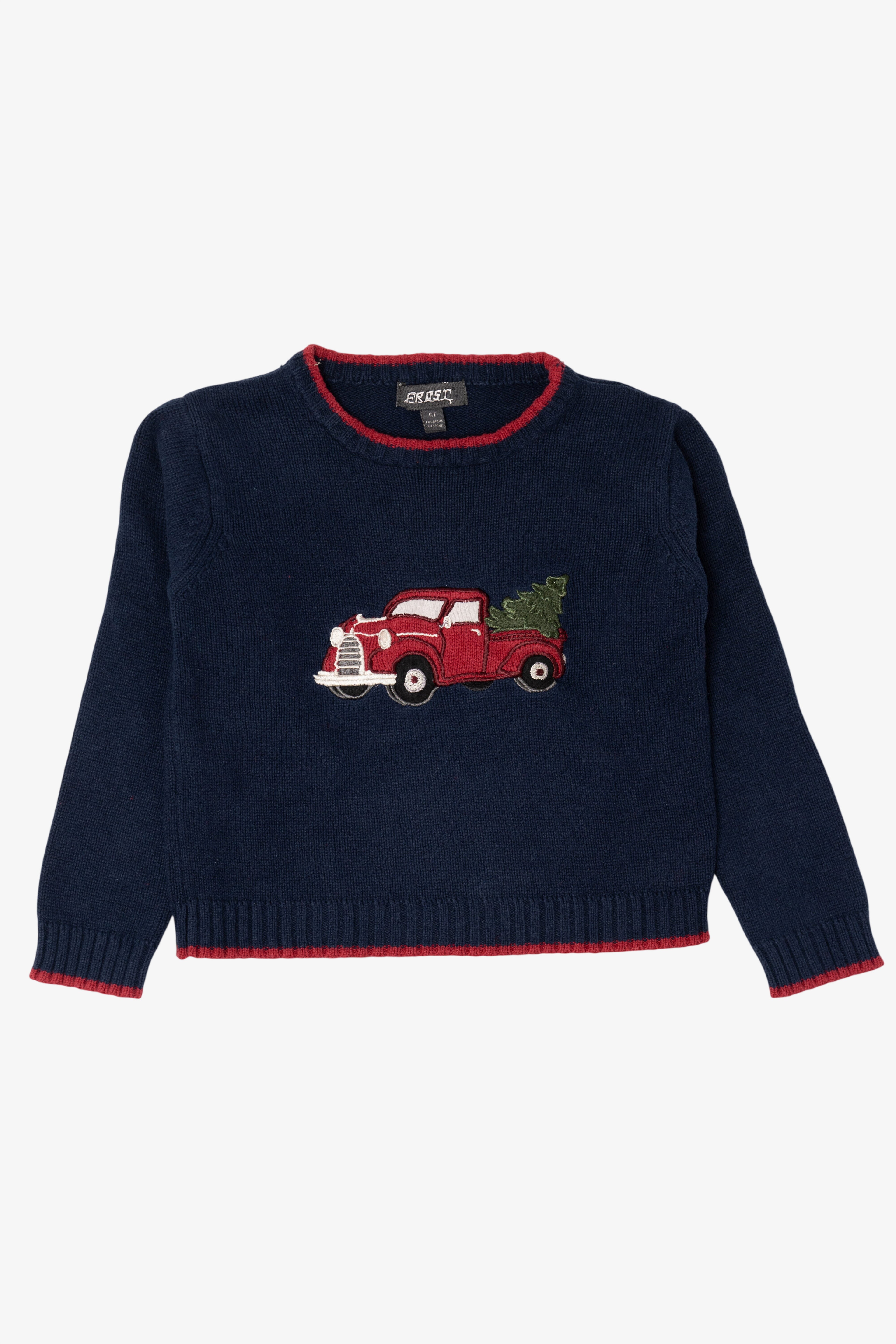 Vintage Kids Navy Blue Frost Truck With Xmas Tree Ugly Christmas Pullover (1990s)