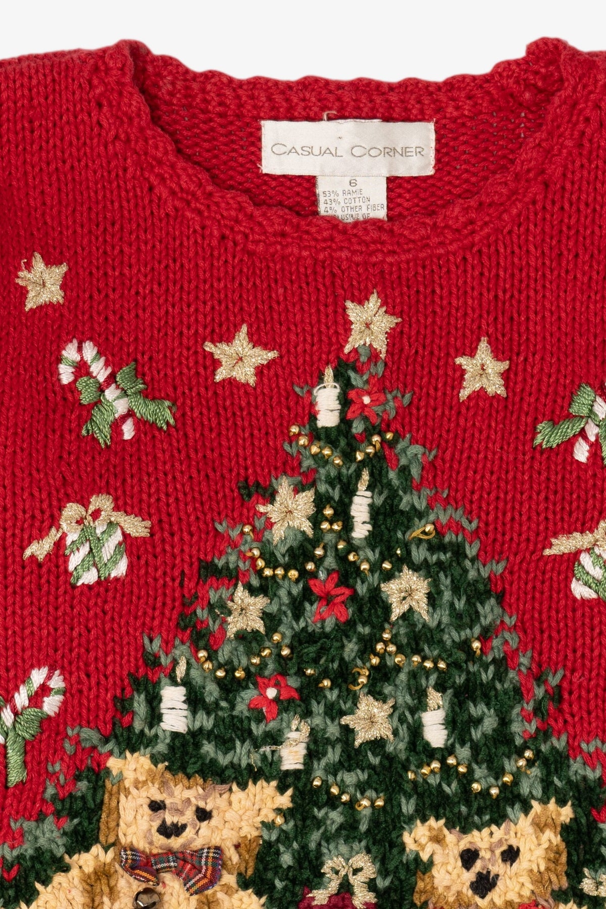 Vintage Kids Red Casual Corner Teddy Bears Under Tree Ugly Christmas Pullover (1990s)