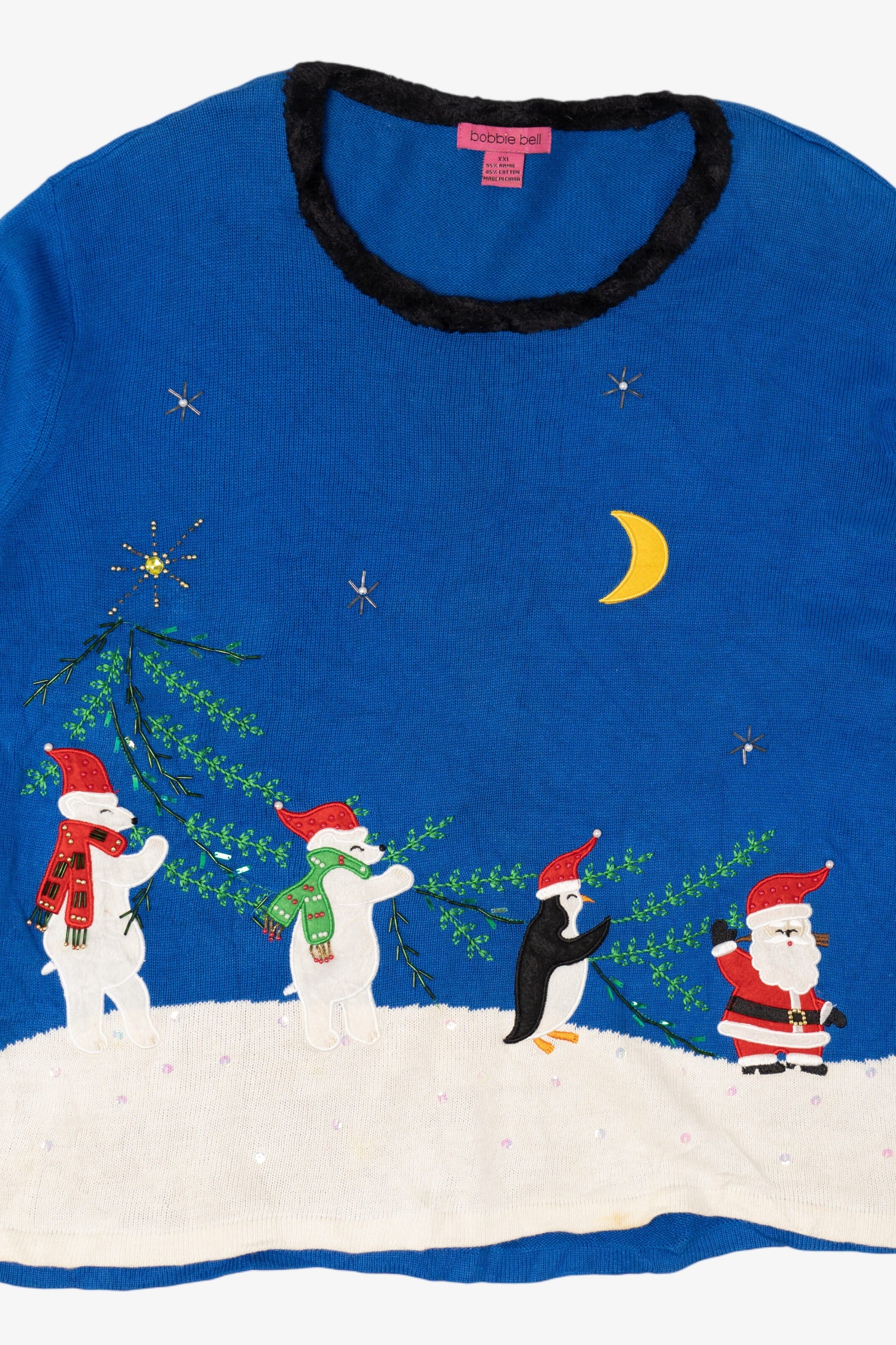 Vintage Blue Bobble Bell Polar Bears Ugly Christmas Pullover (2000s)