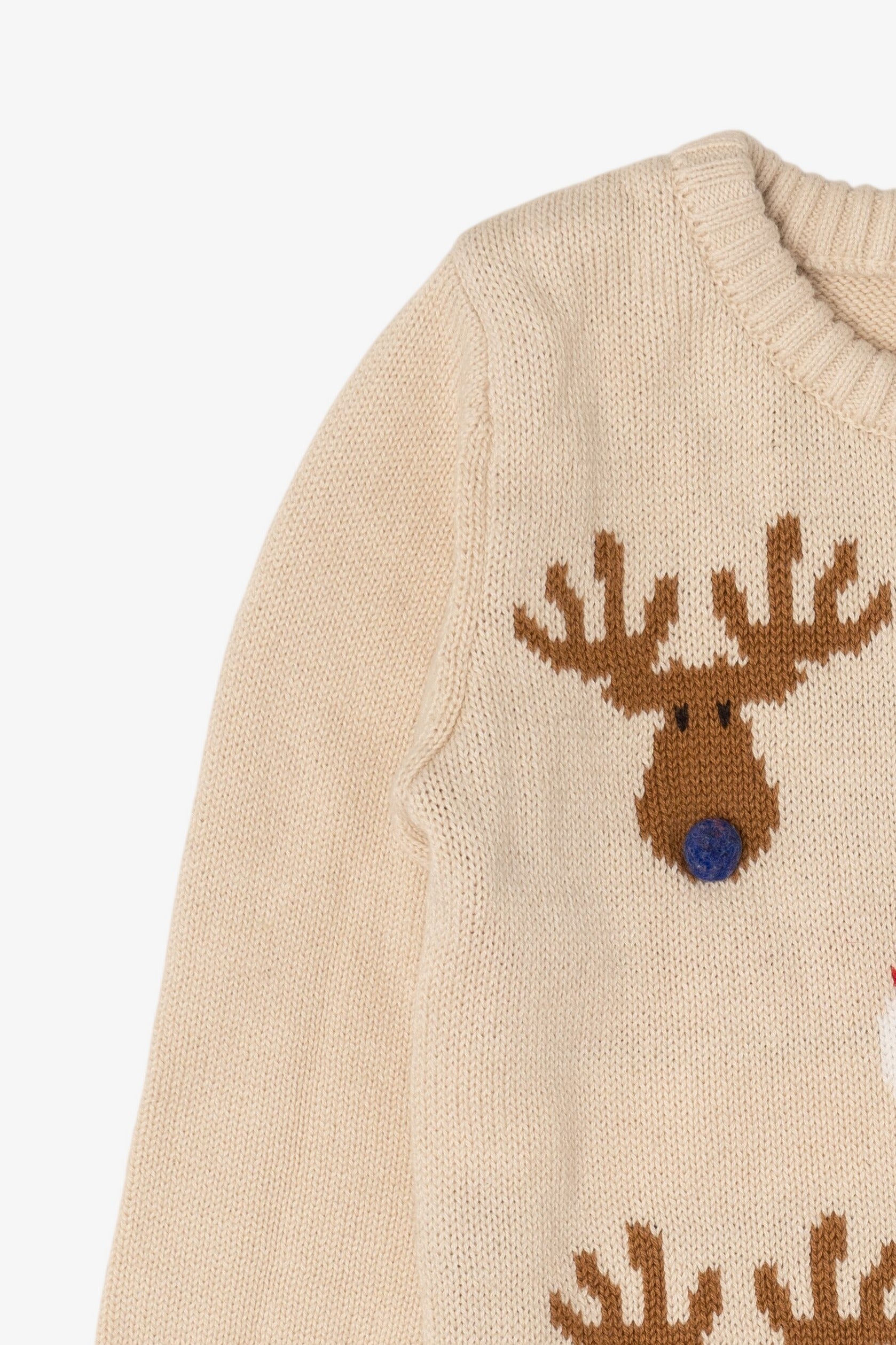 Kids Vintage Beige Holiday Time Santa And Reindeer Ugly Christmas Pullover (2000s)