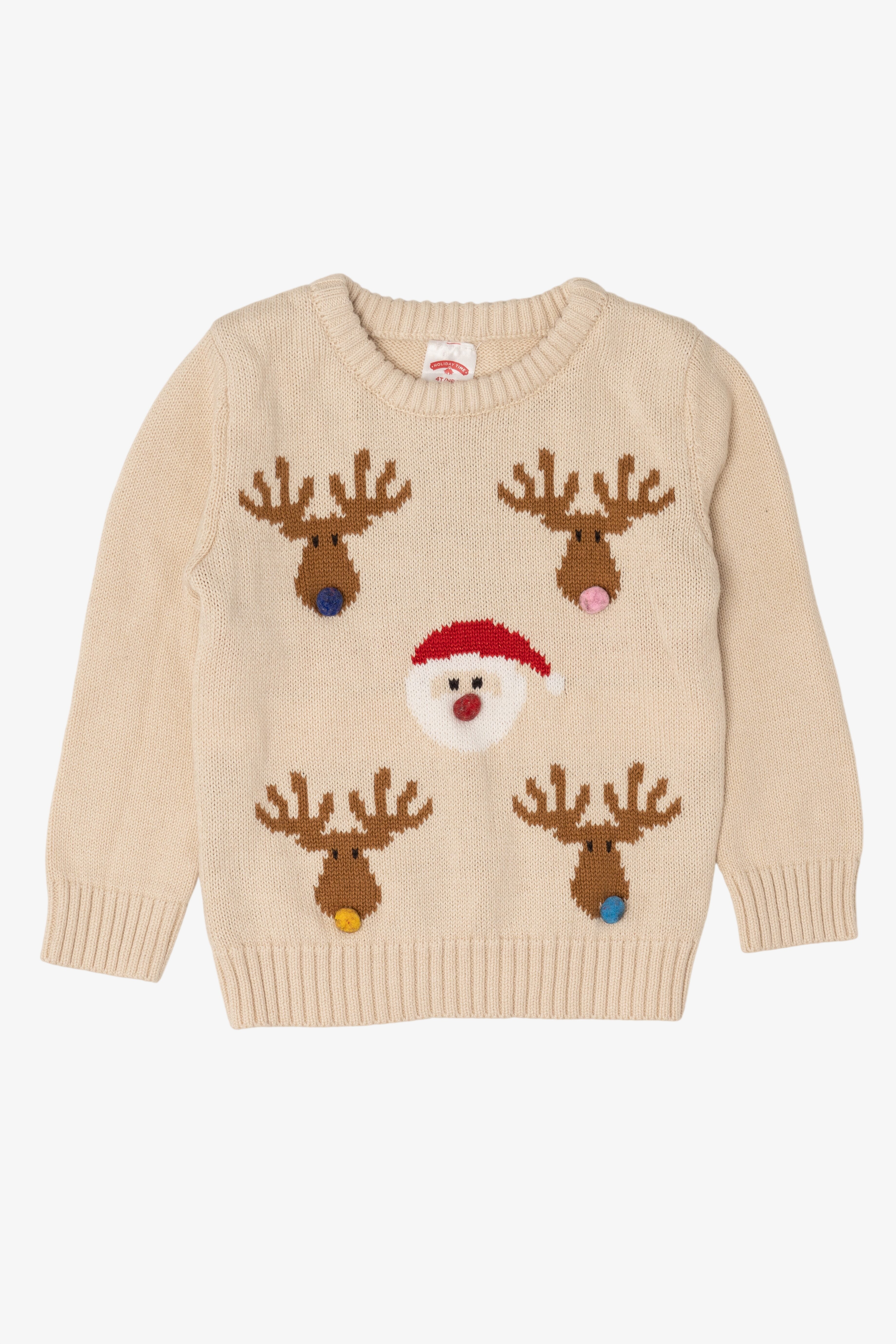 Kids Vintage Beige Holiday Time Santa And Reindeer Ugly Christmas Pullover (2000s)
